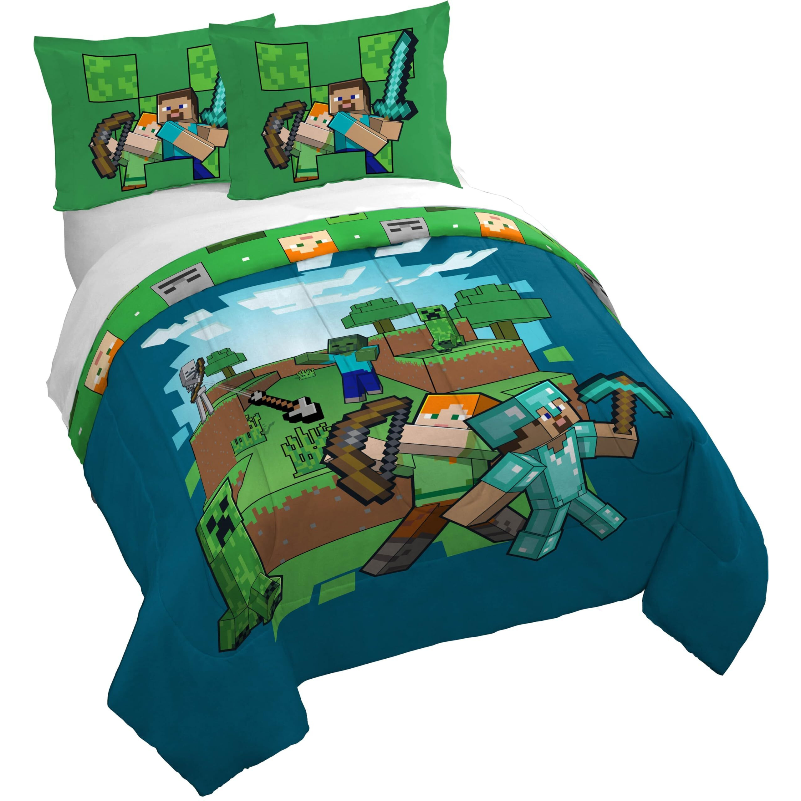Jay Franco Duvet Cover Set - 3 Piece Comforter Cover And Sham Set  Super Soft Cozy Kids Bedding (Insert Not Included) Blue - Minecraft  Queen