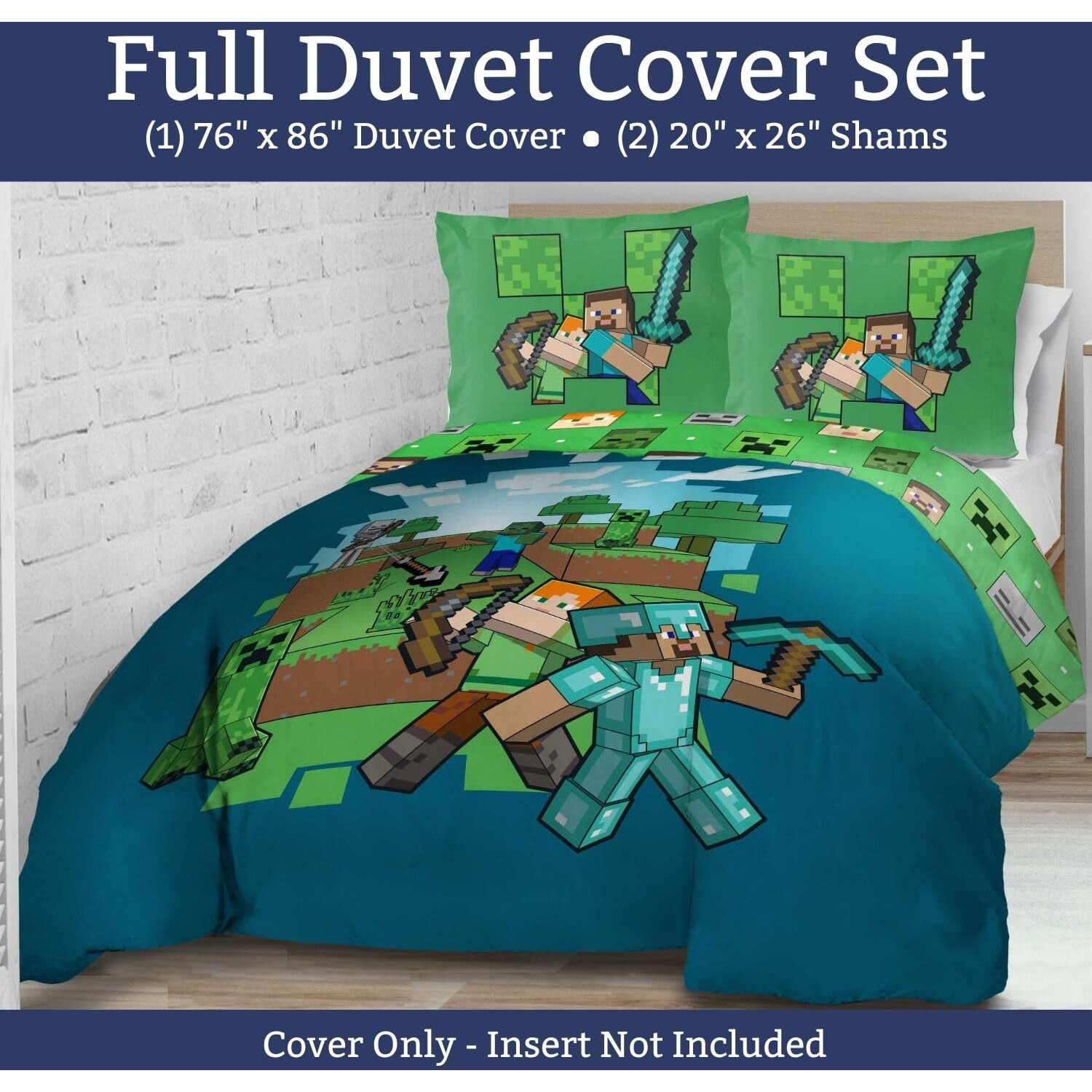 Jay Franco Duvet Cover Set - 3 Piece Comforter Cover And Sham Set  Super Soft Cozy Kids Bedding (Insert Not Included) Blue - Minecraft  Queen