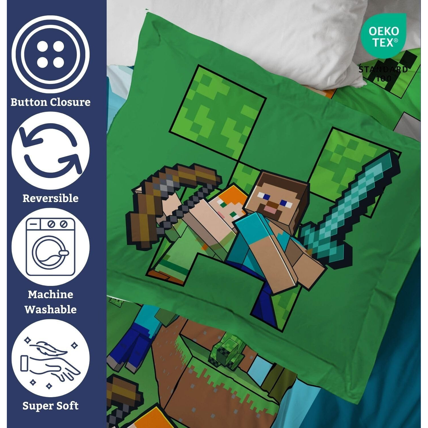 Jay Franco Duvet Cover Set - 3 Piece Comforter Cover And Sham Set  Super Soft Cozy Kids Bedding (Insert Not Included) Blue - Minecraft  Queen