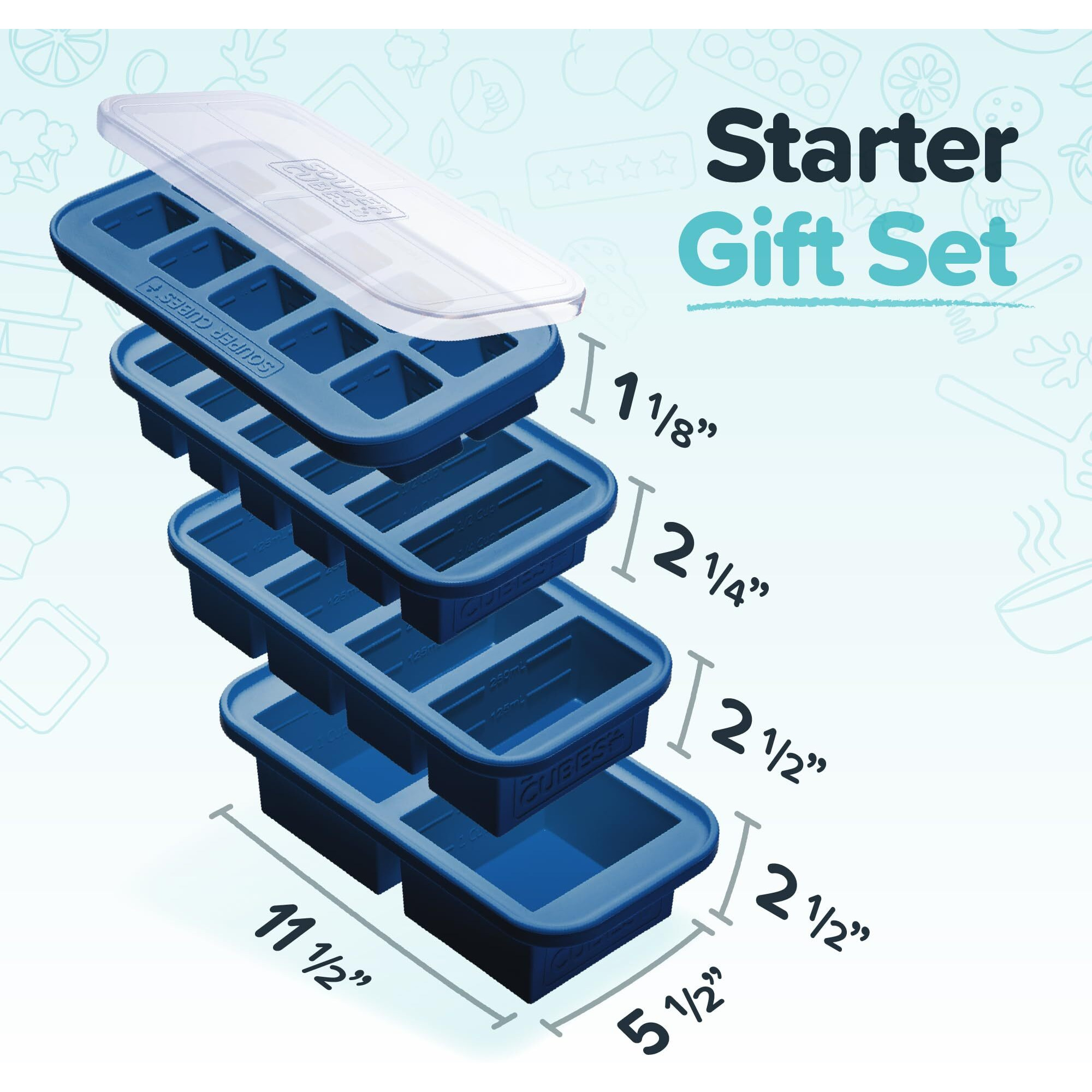 Souper Cubes Silicone Freezer Molds Gift Set With 2 Tbsp  1/2  1  And 2 Cup Silicone Freezer Trays With Lids - Meal Prep And Kitchen Essentials Bundle - Blueberry