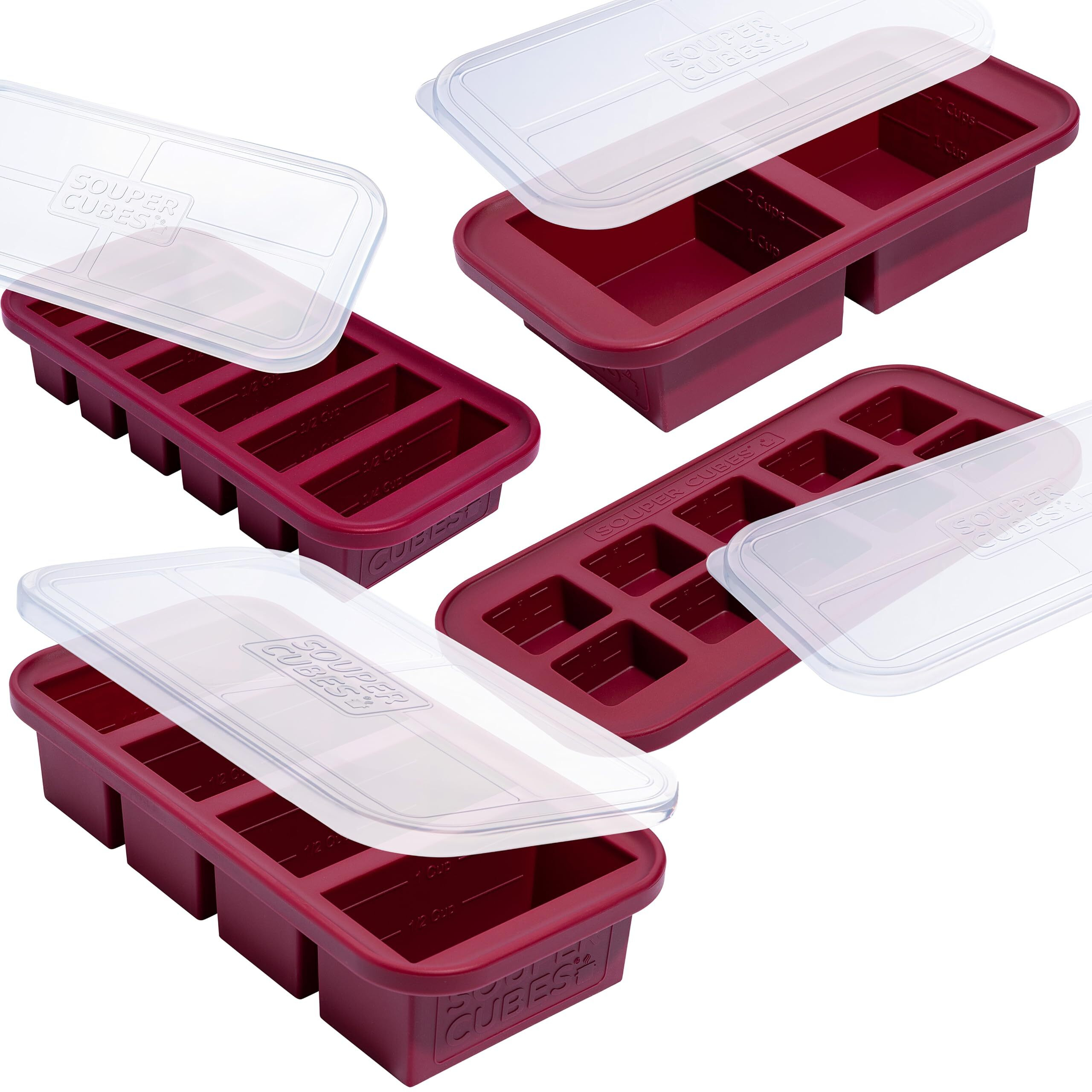Souper Cubes Silicone Freezer Molds Gift Set With 2 Tbsp  1/2  1  And 2 Cup Silicone Freezer Trays With Lids - Meal Prep And Kitchen Essentials Bundle - Cranberry
