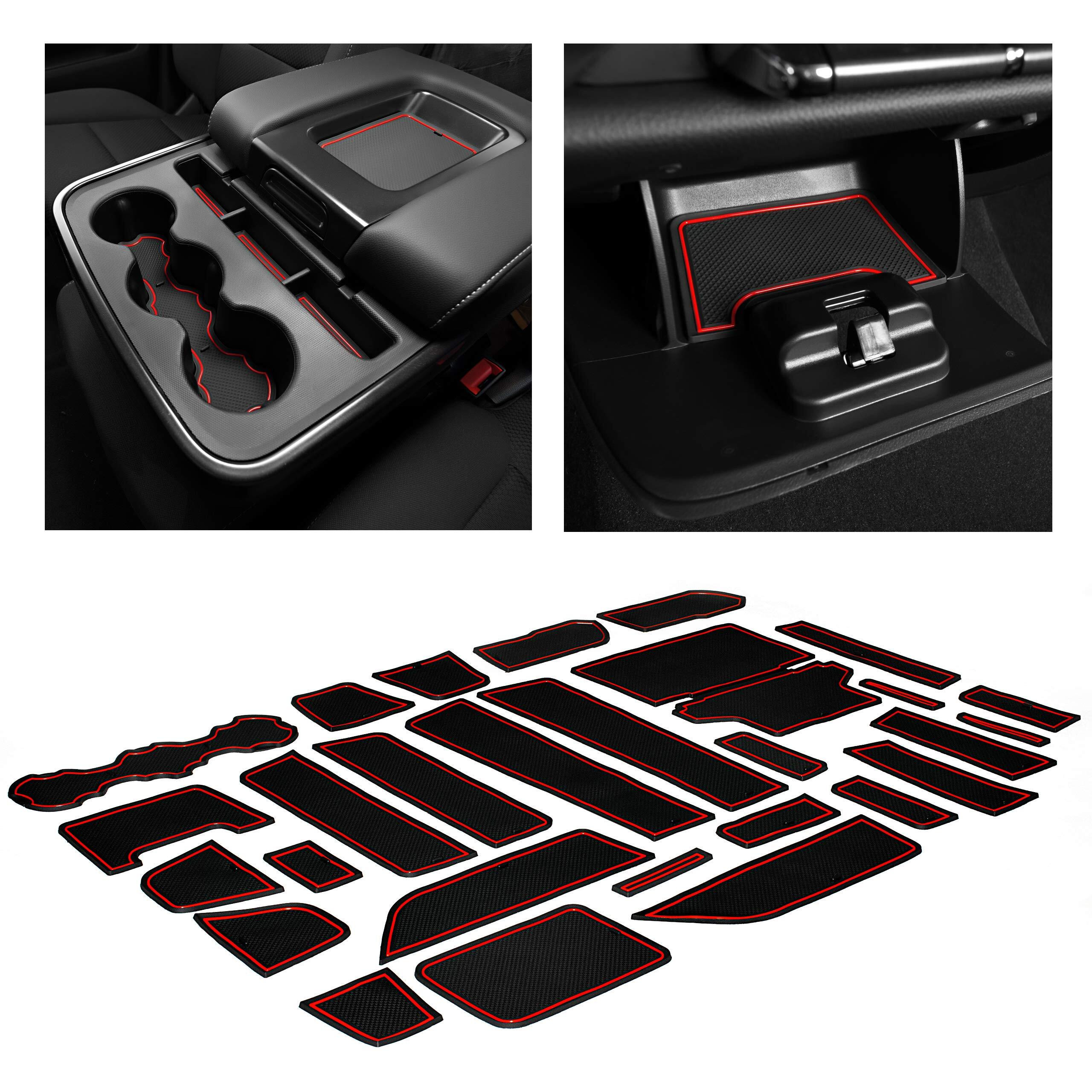Cupholderhero Fits Chevy Silverado 1500 Accessories & Gmc Sierra 2014-2022 Premium Custom Interior Nonslip Antidust Cupholder Insert Console Liner Mats 28Pc Set (Doublecab With Benchseats)(Red Trim)
