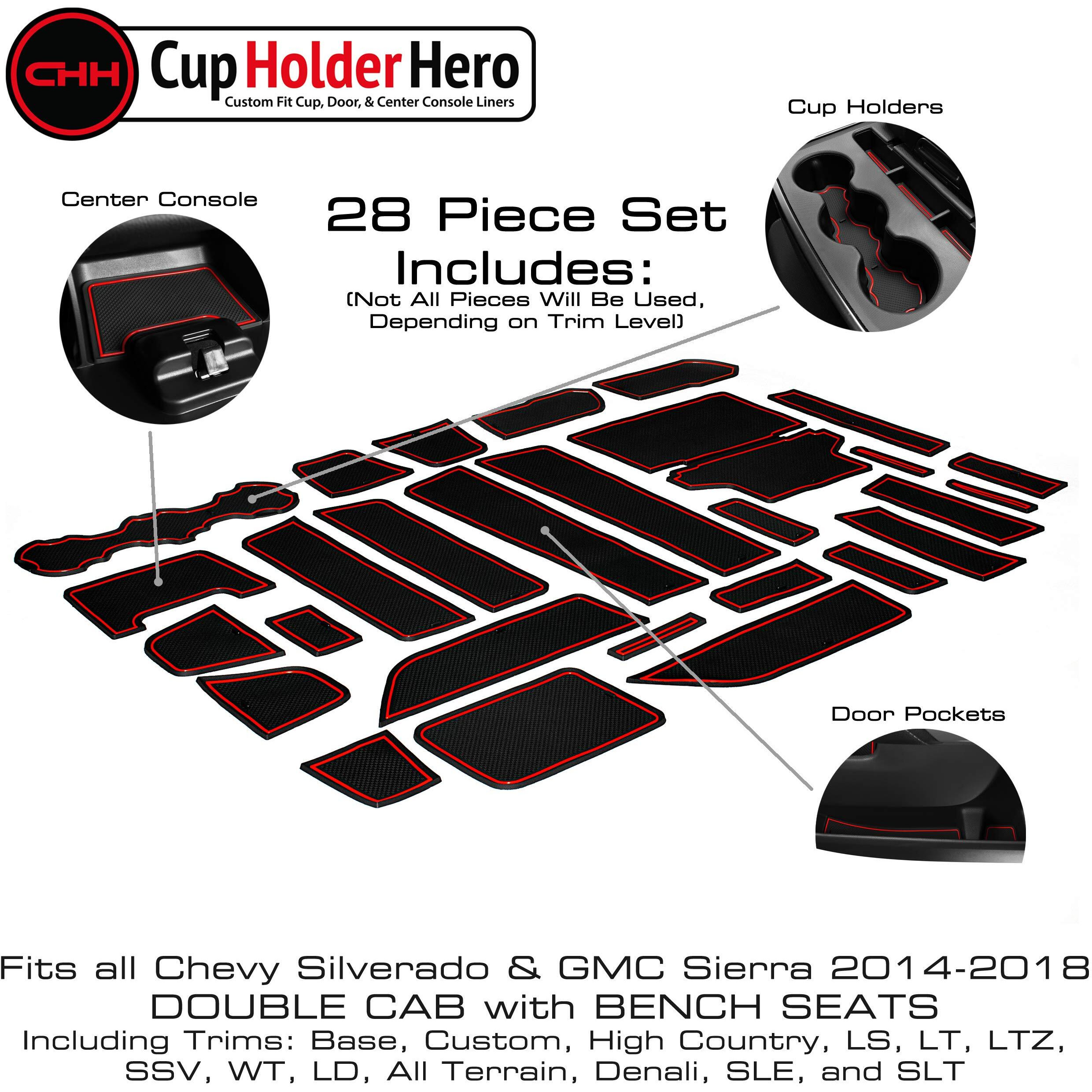 Cupholderhero Fits Chevy Silverado 1500 Accessories & Gmc Sierra 2014-2022 Premium Custom Interior Nonslip Antidust Cupholder Insert Console Liner Mats 28Pc Set (Doublecab With Benchseats)(Red Trim)