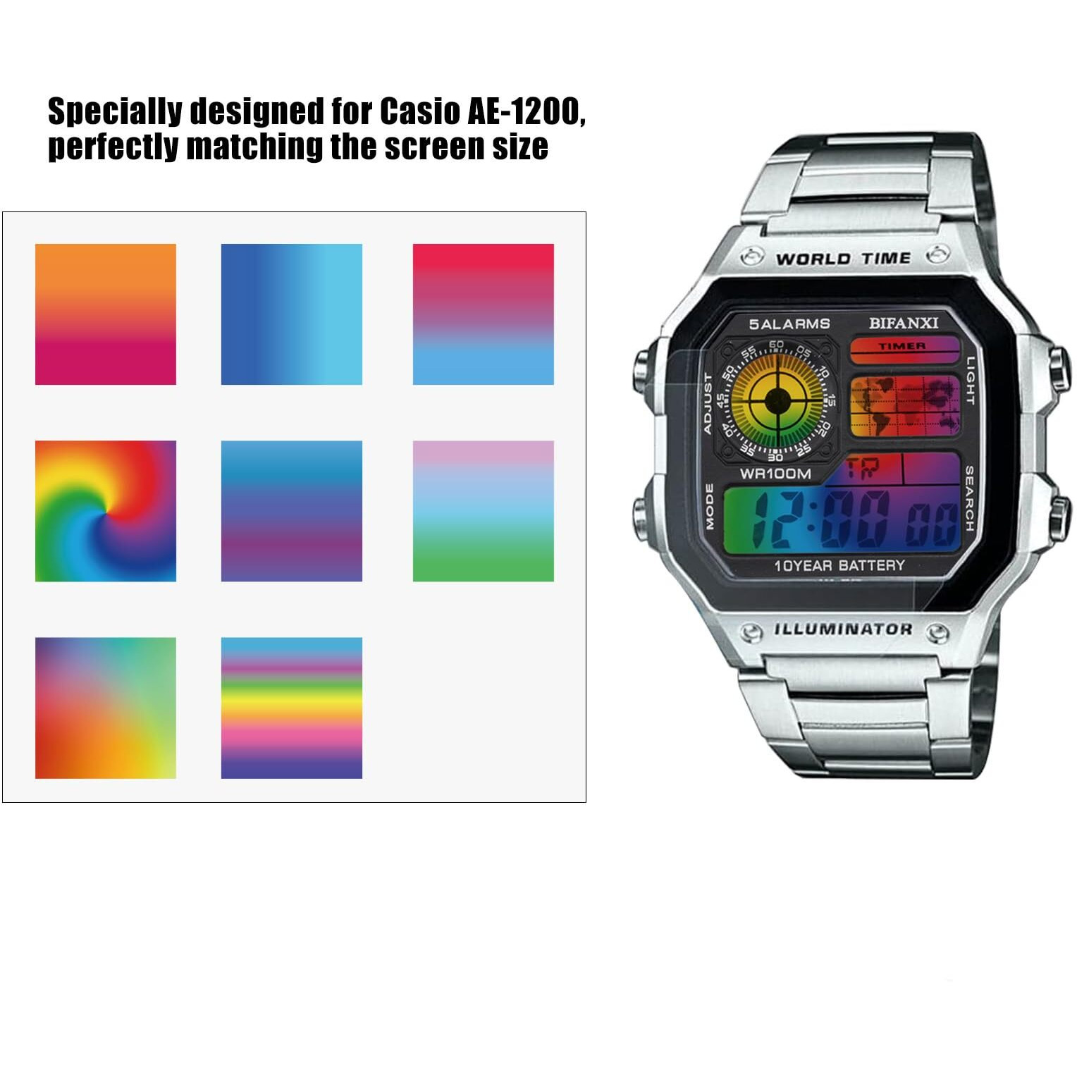 Luaatt Gradient Filter Screen Sheet Compatible For Casio Ae-1200 8 Types Of High Transparency Colorful Filters 16 Pack Watch Screen Modification Decal