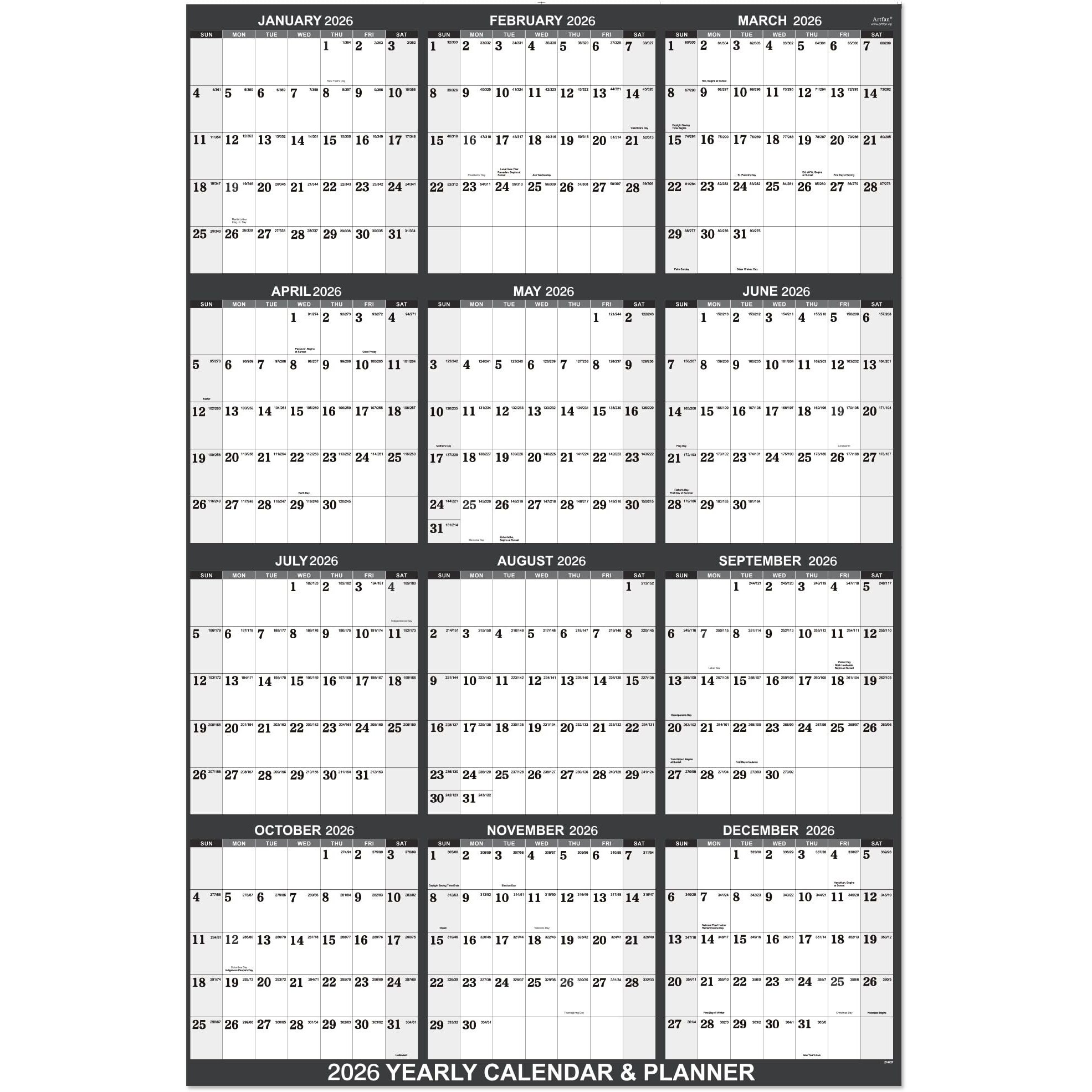 2026 Calendar - 2026 Yearly Wall Calendar  Jan.2026 - Dec.2026  Yearly Wall Calendar 2026  34.8"" X 22.8""(Open)  Round Stickers  Vertical - Grey