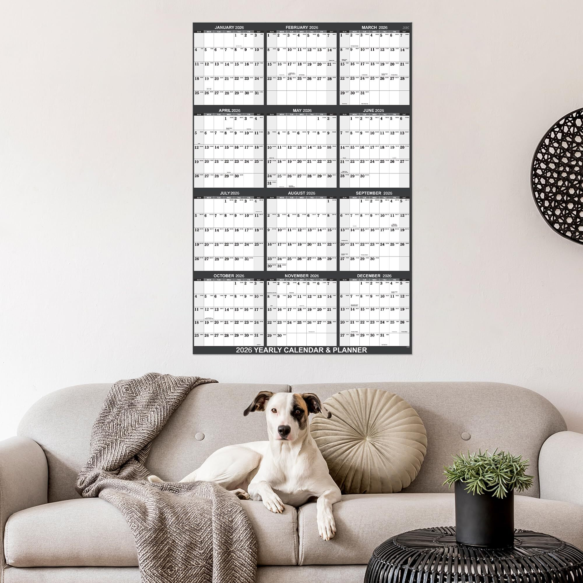 2026 Calendar - 2026 Yearly Wall Calendar  Jan.2026 - Dec.2026  Yearly Wall Calendar 2026  34.8"" X 22.8""(Open)  Round Stickers  Vertical - Grey
