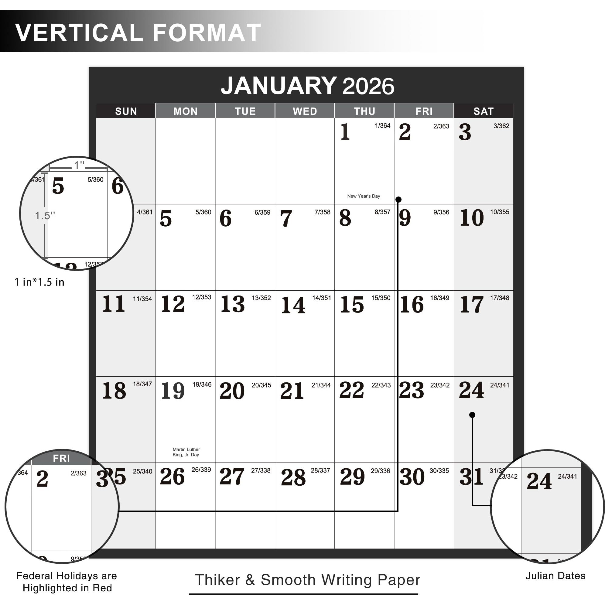 2026 Calendar - 2026 Yearly Wall Calendar  Jan.2026 - Dec.2026  Yearly Wall Calendar 2026  34.8"" X 22.8""(Open)  Round Stickers  Vertical - Grey