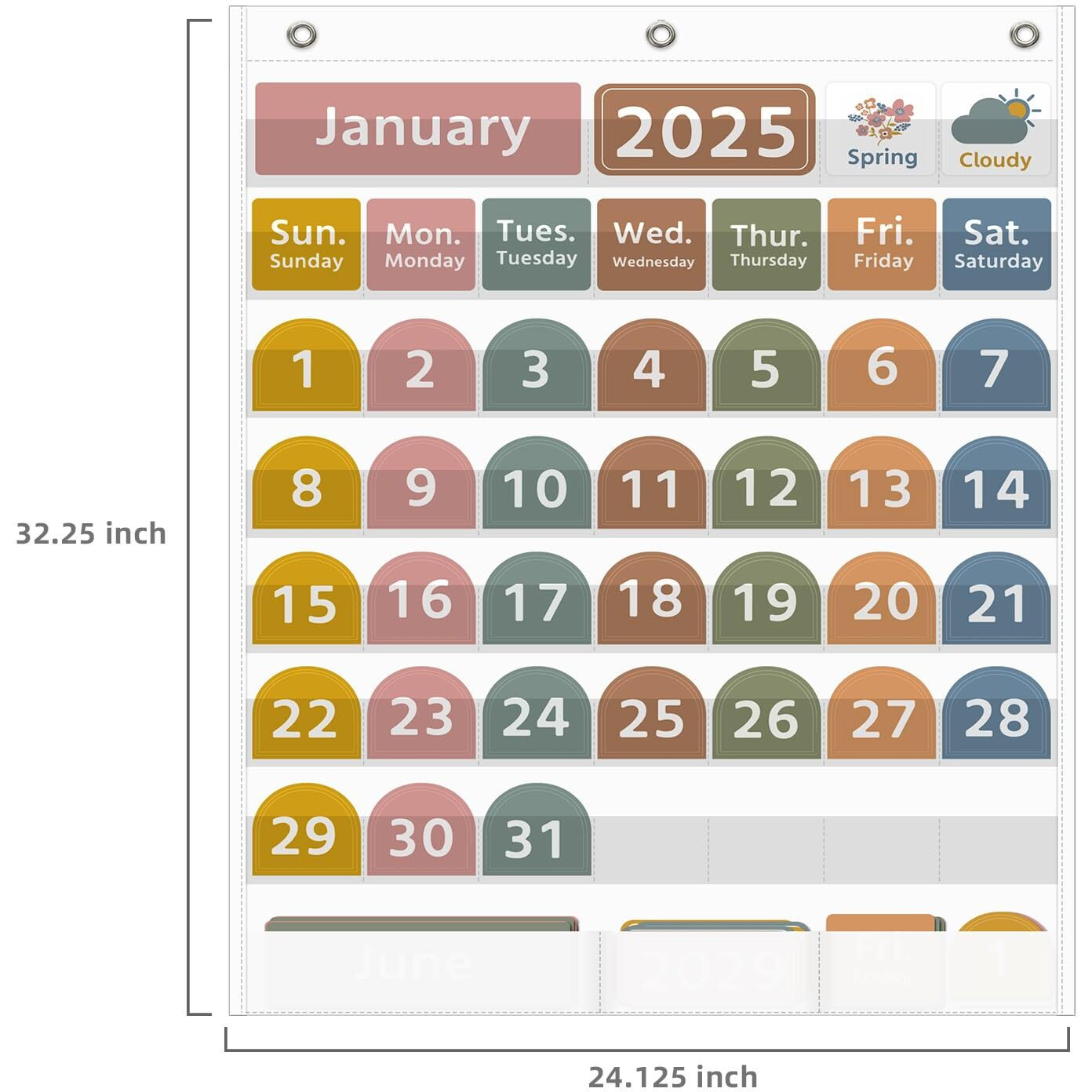 Regeleto Large White Calendar Pocket Chart With Boho 96 Cards For Classroom  Size32.25 X 24.13 Inch Monthly Calendar And Weather Pocket Chart For Kids Learning For Home Or Kindergarten(White)