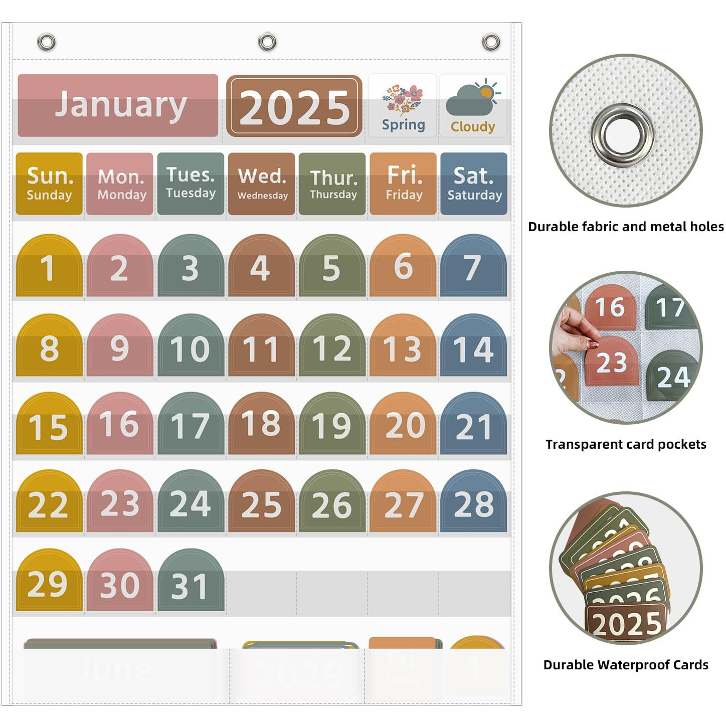 Regeleto Large White Calendar Pocket Chart With Boho 96 Cards For Classroom  Size32.25 X 24.13 Inch Monthly Calendar And Weather Pocket Chart For Kids Learning For Home Or Kindergarten(White)