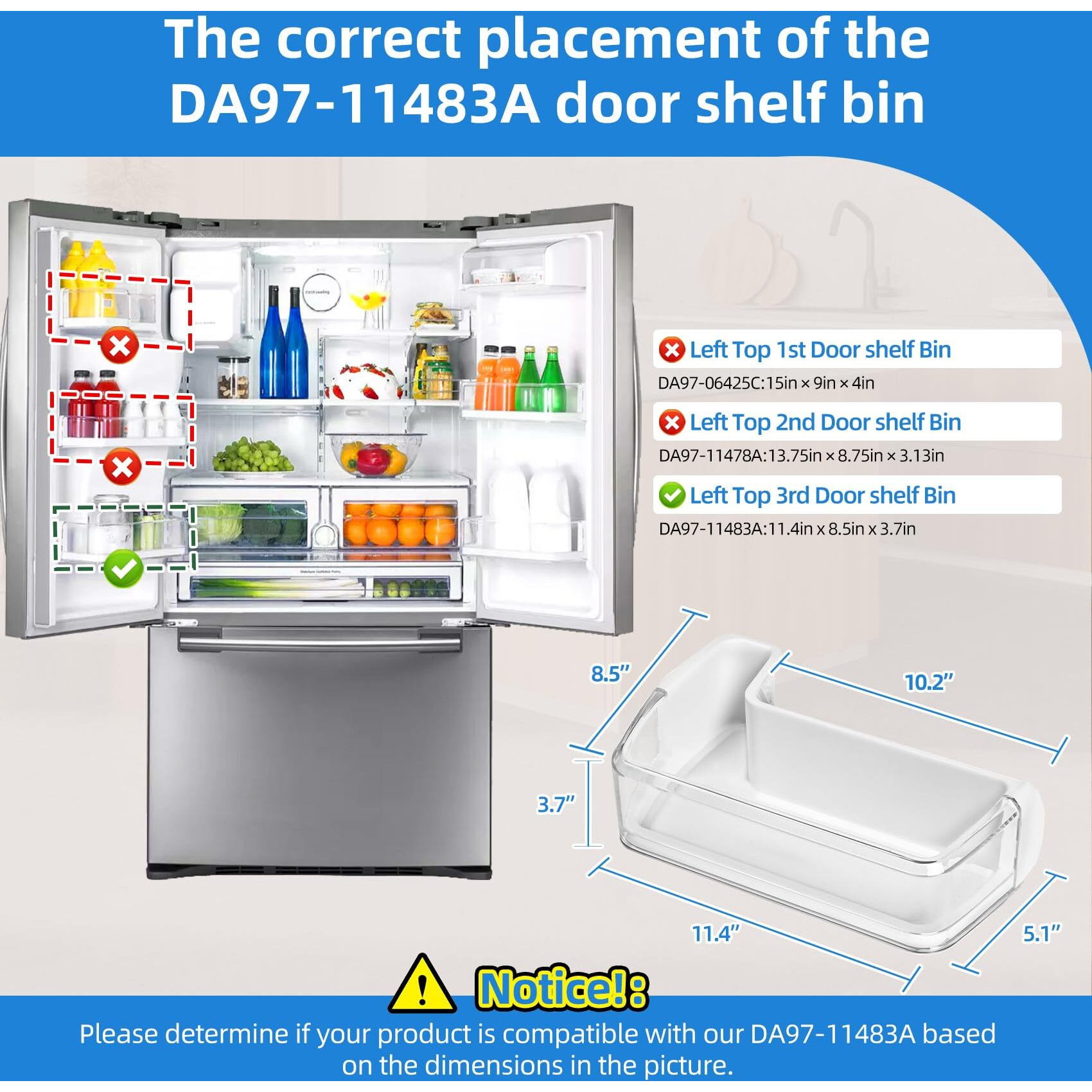 Da97-11483A Refrigerator Door Shelf Bin Assembly Guard Compatible With Samsung Left Lower Door Bin Rfg296Hdbp Rfg297Hdbp Rfg297Hdrs Rfg298Hdbp  Replacement Parts 2630180 Ps4176339 Ap5272852 White