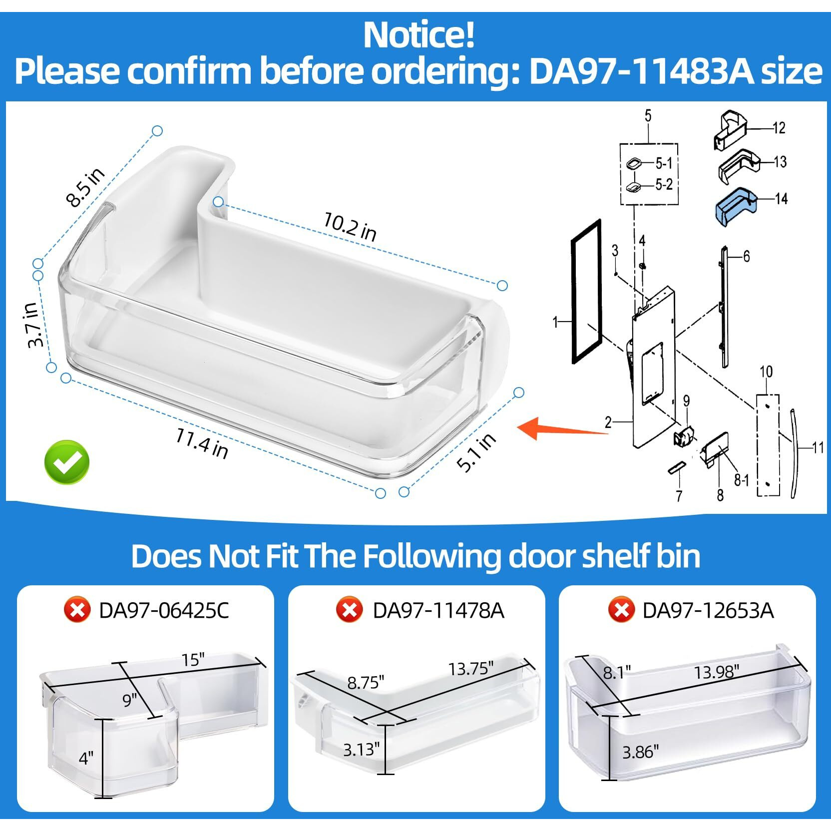Da97-11483A Refrigerator Door Shelf Bin Assembly Guard Compatible With Samsung Left Lower Door Bin Rfg296Hdbp Rfg297Hdbp Rfg297Hdrs Rfg298Hdbp  Replacement Parts 2630180 Ps4176339 Ap5272852 White