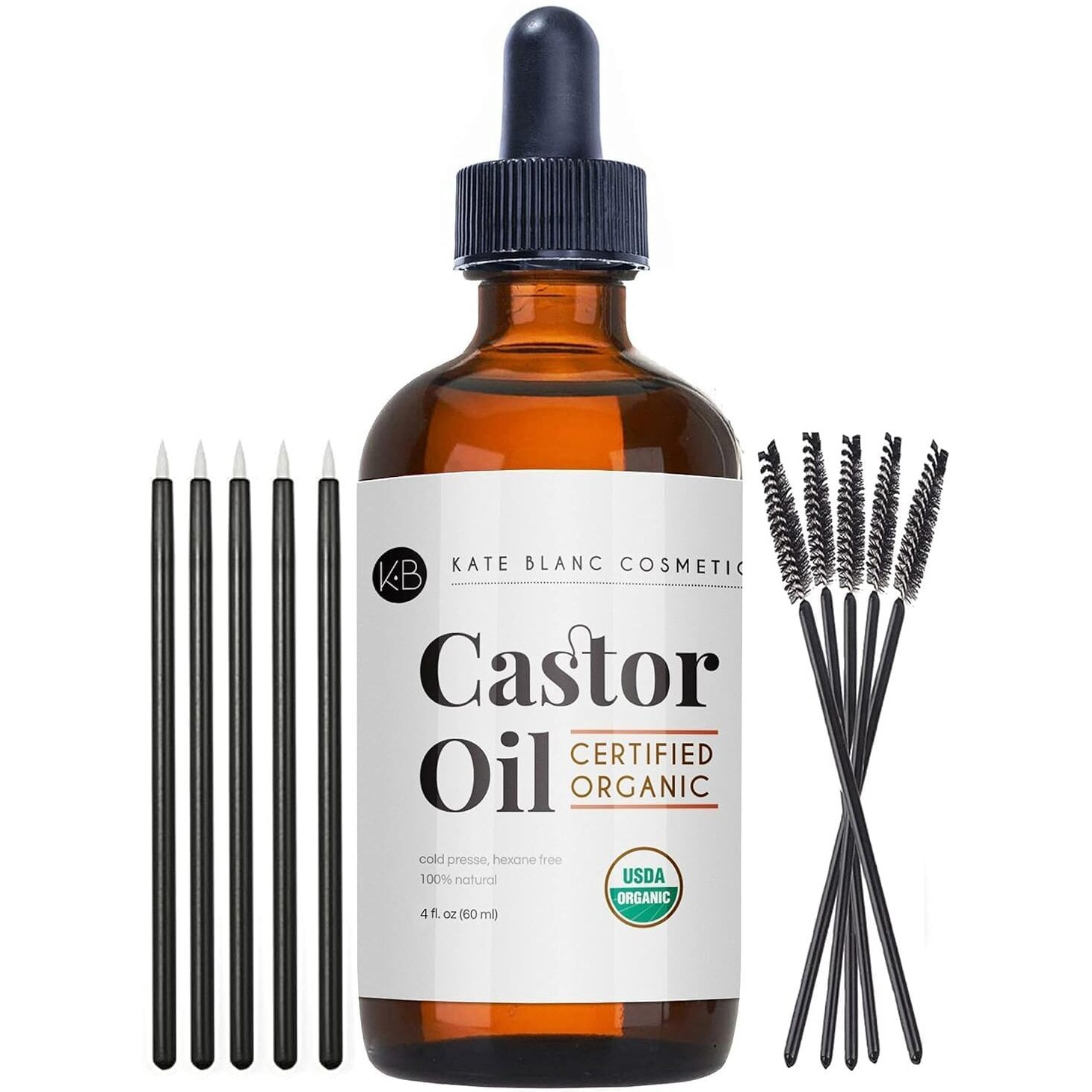 Kate Blanc Cosmetics Castor Oil Organic (4Oz)  100% Pure  Cold Pressed  Hexane Free. Natural Oil For Hair  Eyelashes  Eyebrows. Skin Moisturizer With Starter Kit