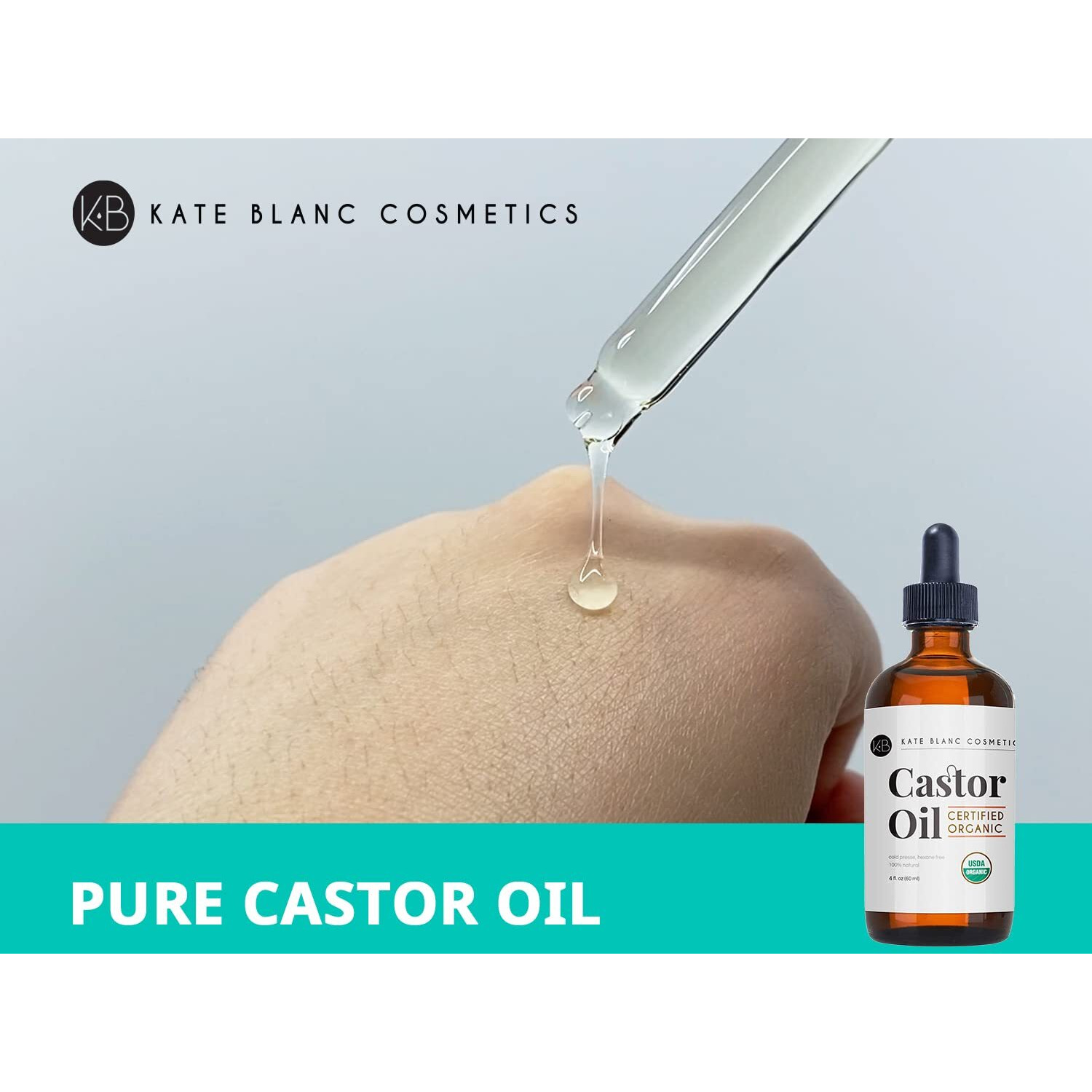 Kate Blanc Cosmetics Castor Oil Organic (4Oz)  100% Pure  Cold Pressed  Hexane Free. Natural Oil For Hair  Eyelashes  Eyebrows. Skin Moisturizer With Starter Kit