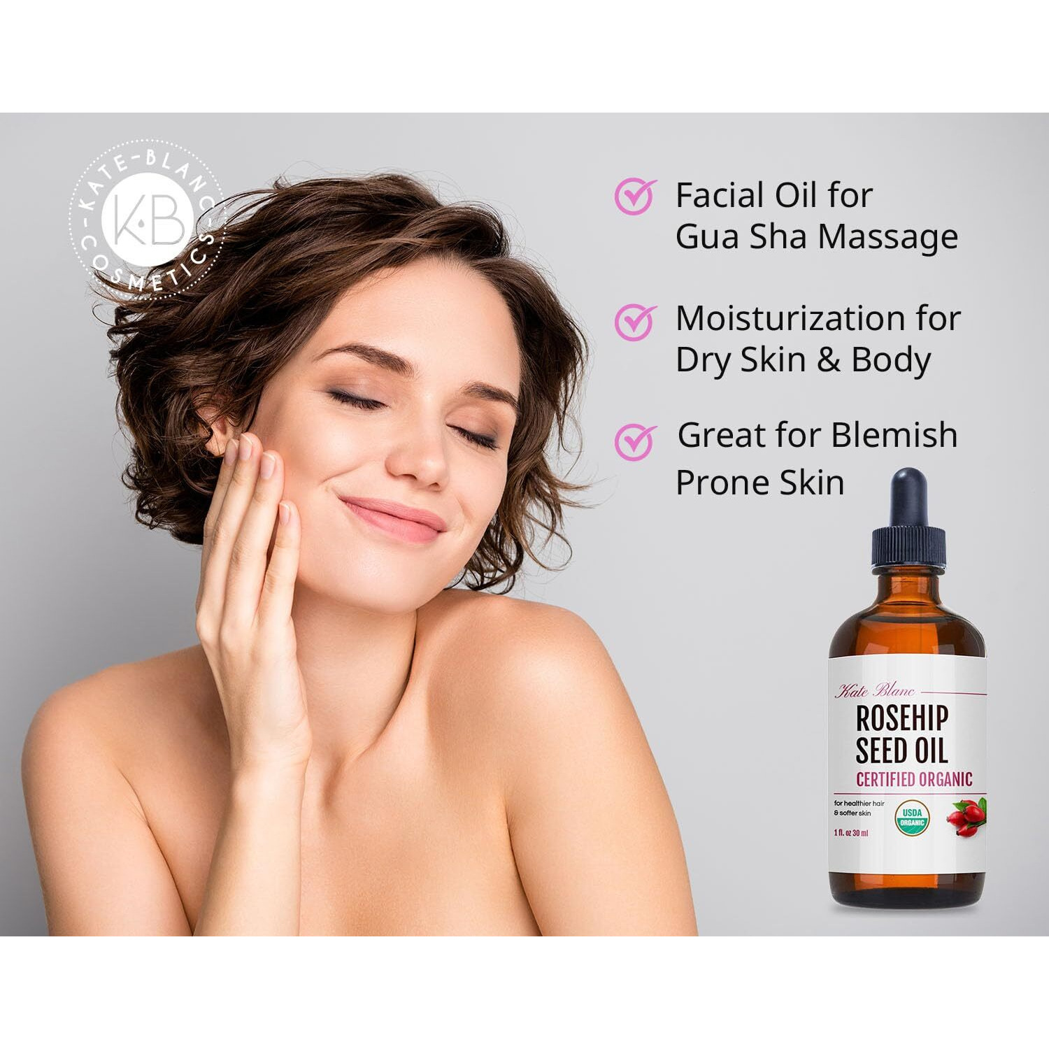 Kate Blanc Cosmetics Rosehip Oil For Face & Skin (1Oz  Organic  Pure  Cold Pressed) Rosehip Seed Face Oil For Facial & Gua Sha Massage