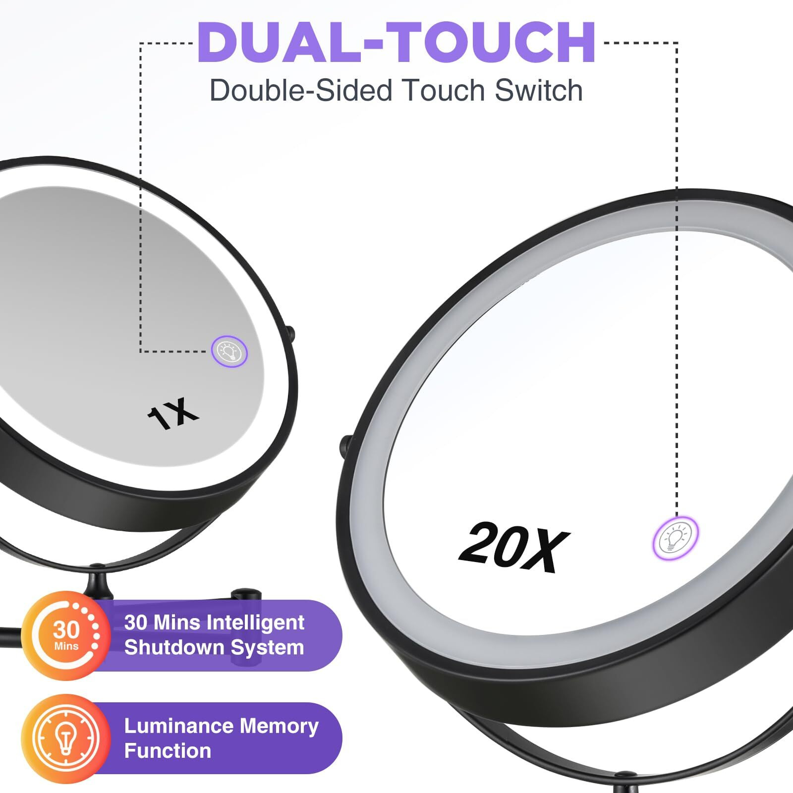 Vorremirr Wall Mounted Makeup Mirror 1X/20X Magnifying Mirror With Light  8.5 "" Double Sided Lighted Makeup Mirror With Magnification  Vanity Mirror For Bathroom  Brush Black