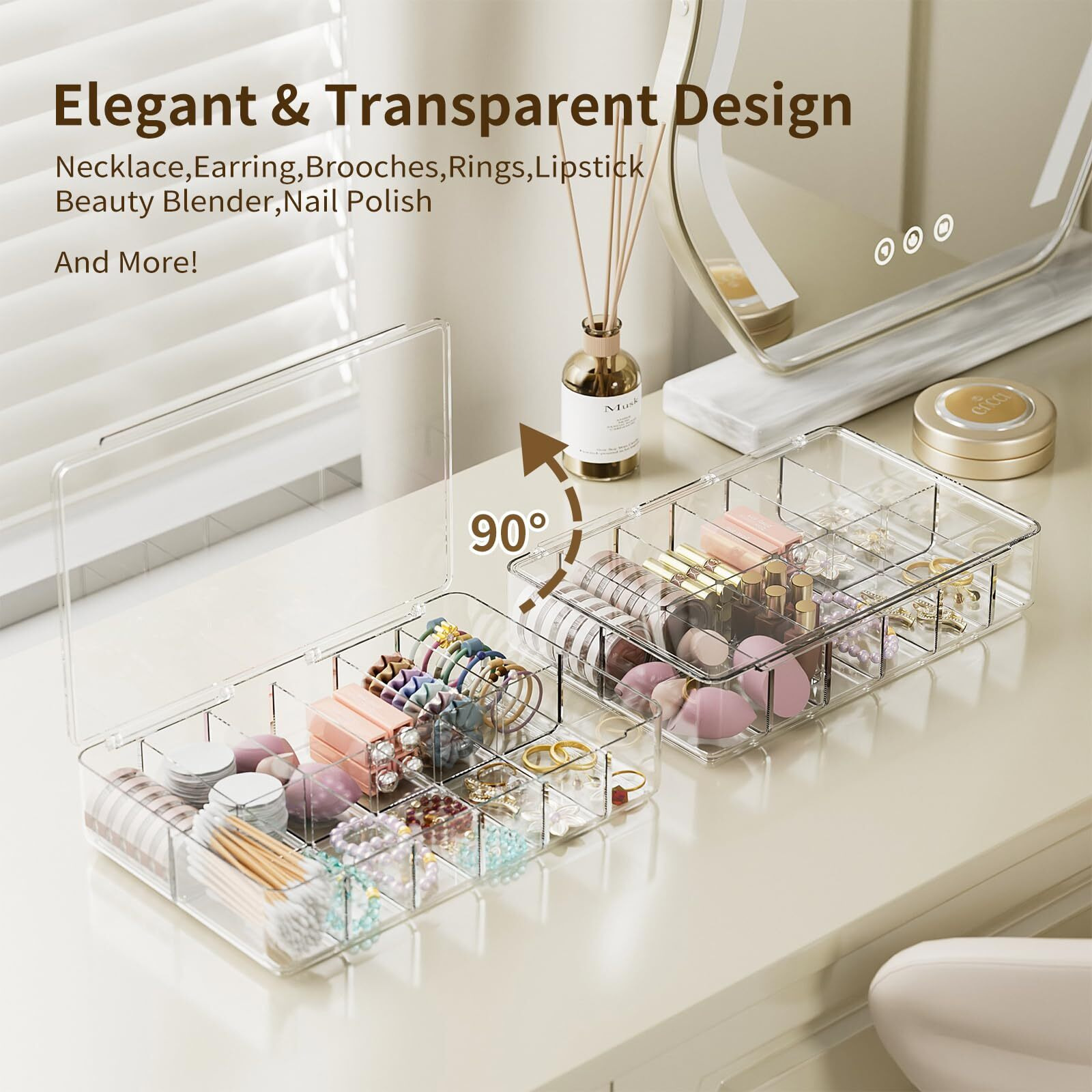 Aplop Clear Acrylic Makeup Organizer With Cover - 12 Compartments Cosmetic And Jewelry Organizer For Vanity And Desk Storage