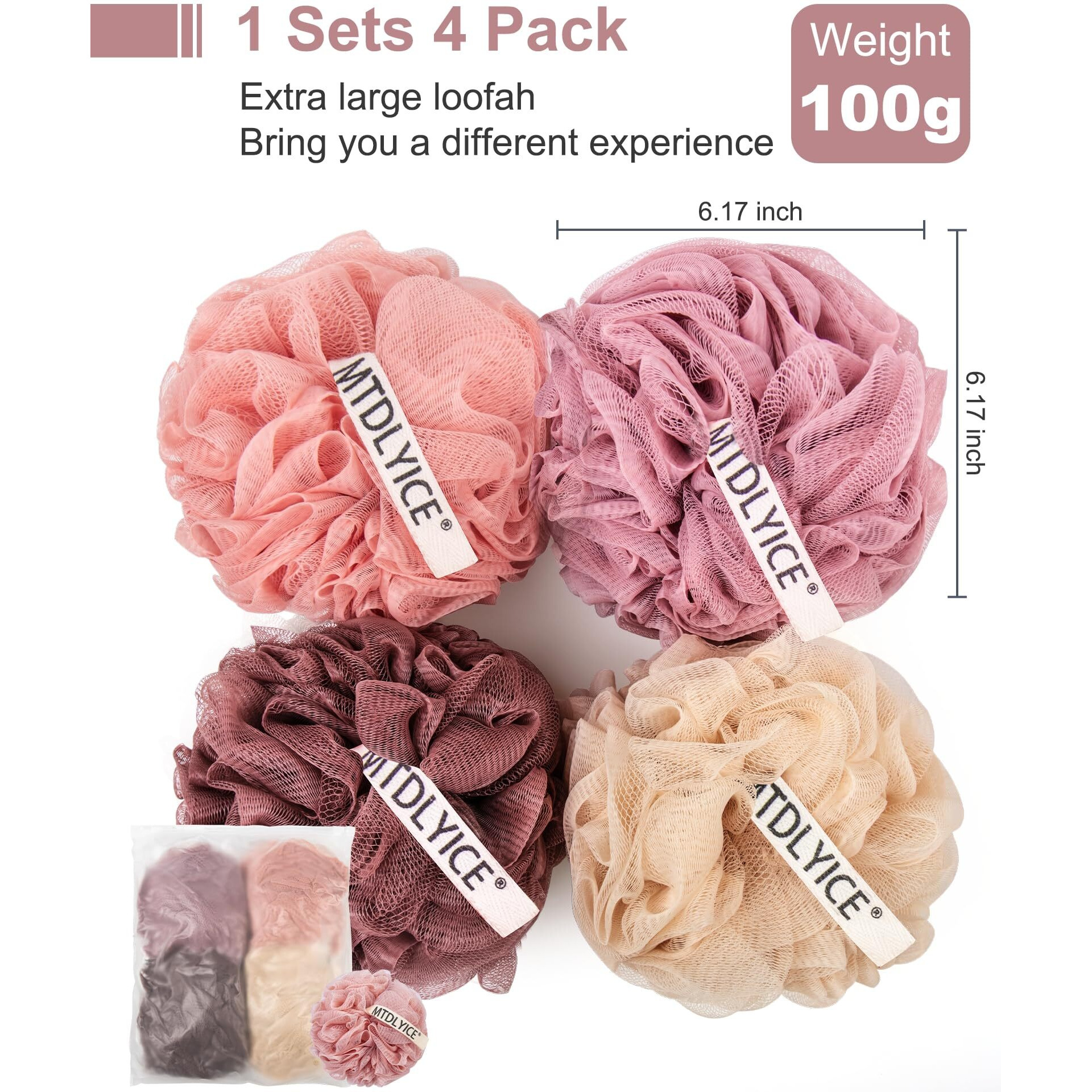 Mtdlyice Loofah Sponge  Xxl Large Loofah 100G 4 Pack  Bath Sponge Soft Mesh Shower For Men  Body Scrub  Shower Pouf Bath Accessories  For Body Wash  Soap (Red Soil)