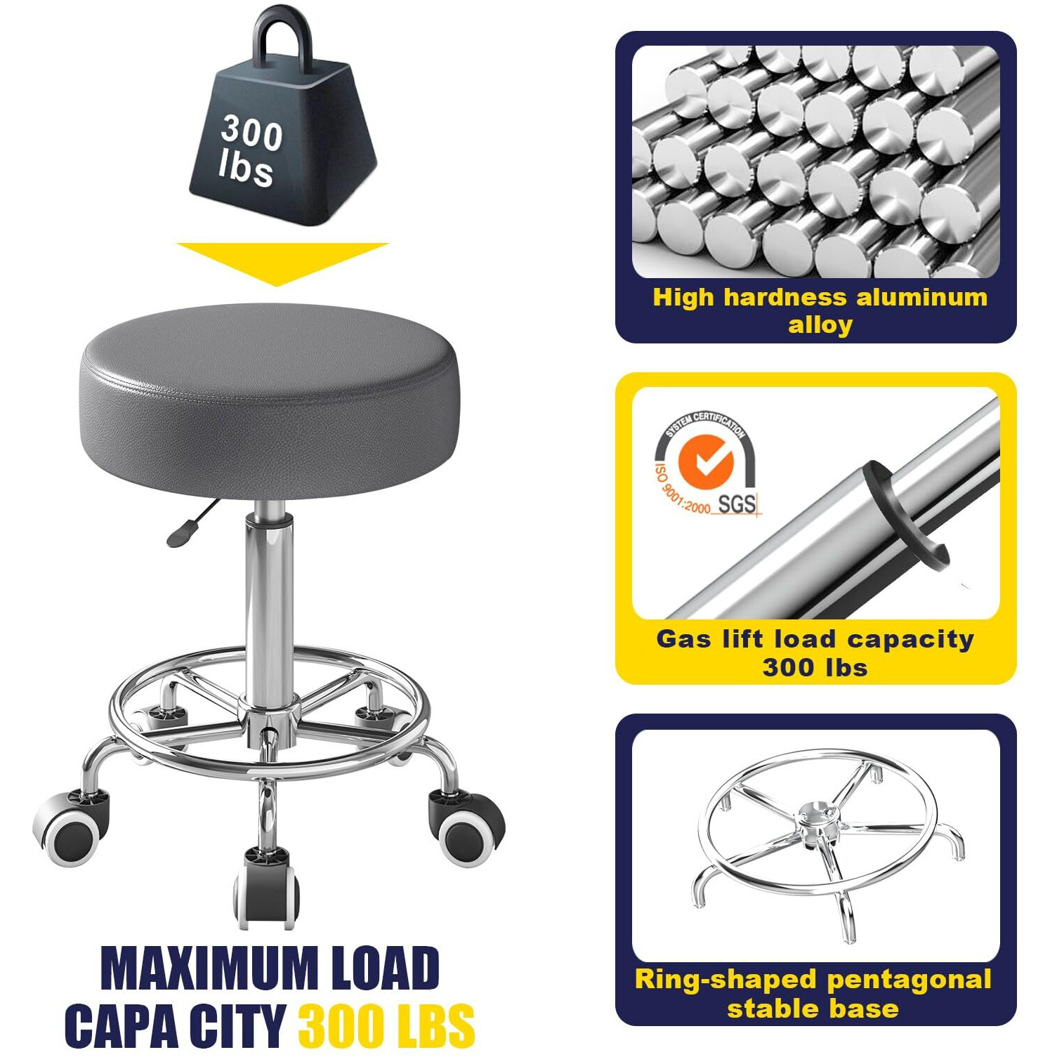 Rolling Stool  Heavy Weight Capacity 250Lb  Pu Leather Rolling Stools  Ultra Soft Padded Seat  Rolling Stools With Wheels And Footrest  360 Swivel  Spa Drawing Salon Work Office Tattoo Stool (Grey)