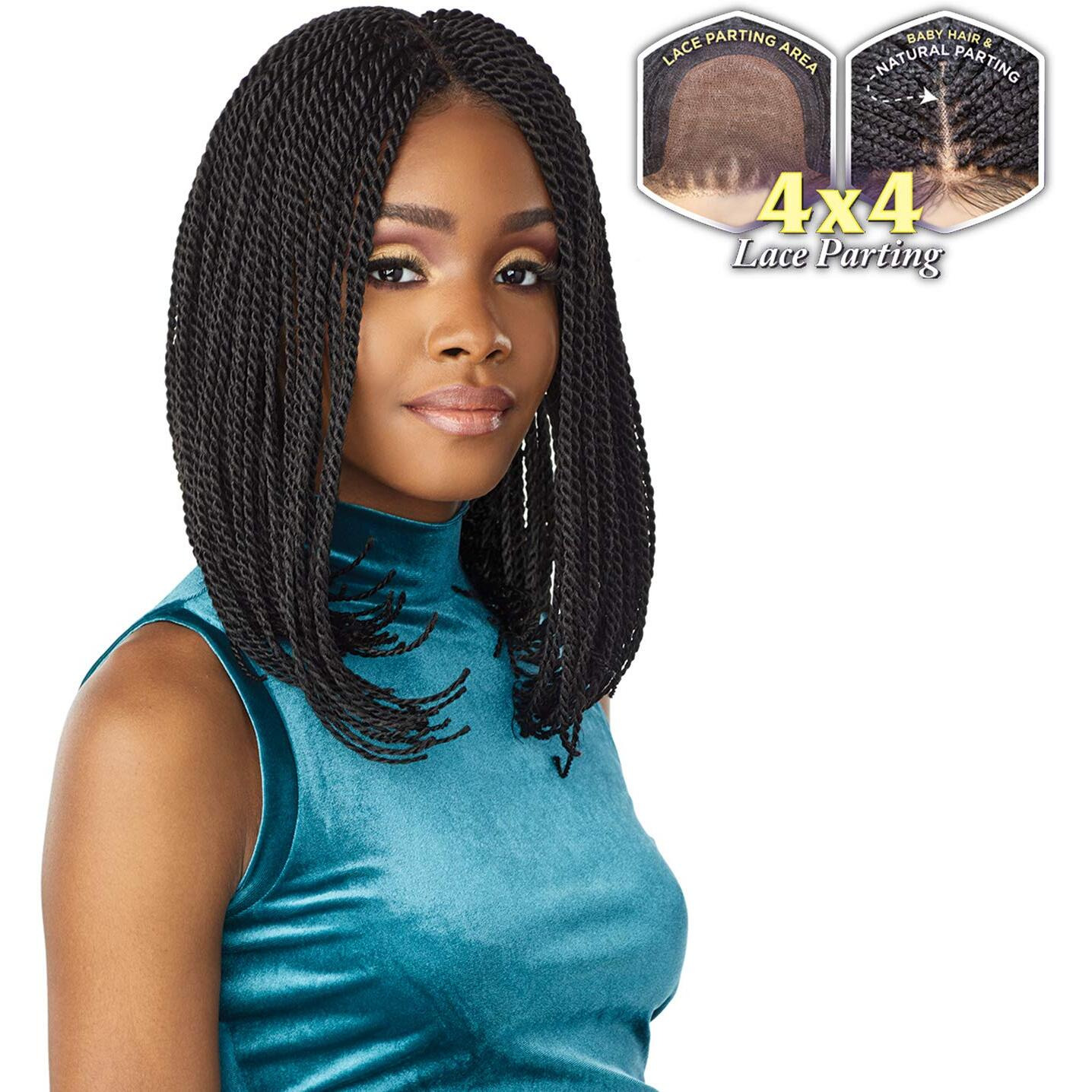 Sensationnel Cloud9 4X4 Braided Wig - Senegal Twist Bob Hand Tied Swiss Lace Braided Wig With Large Parting Area (1B Offblack)