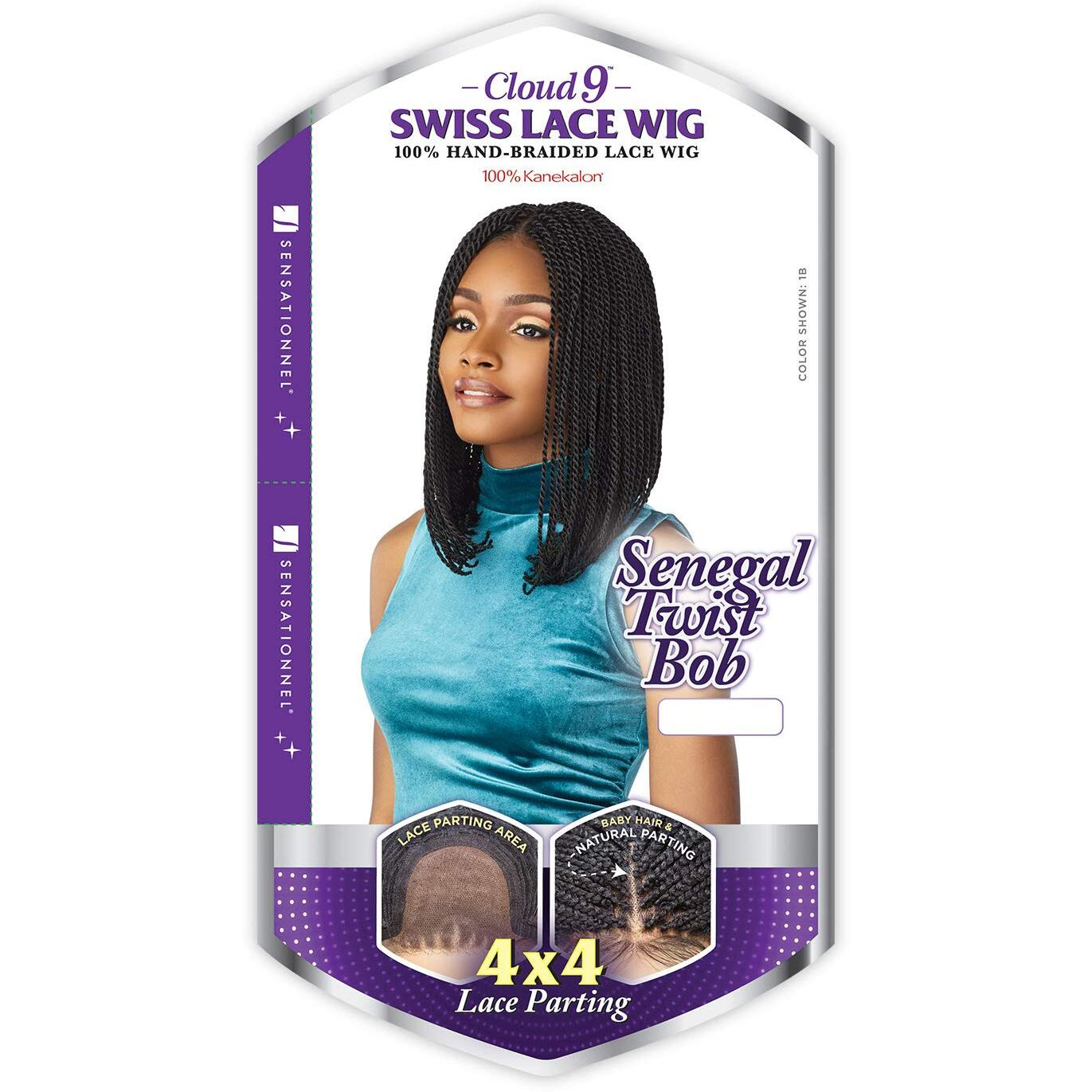 Sensationnel Cloud9 4X4 Braided Wig - Senegal Twist Bob Hand Tied Swiss Lace Braided Wig With Large Parting Area (1B Offblack)