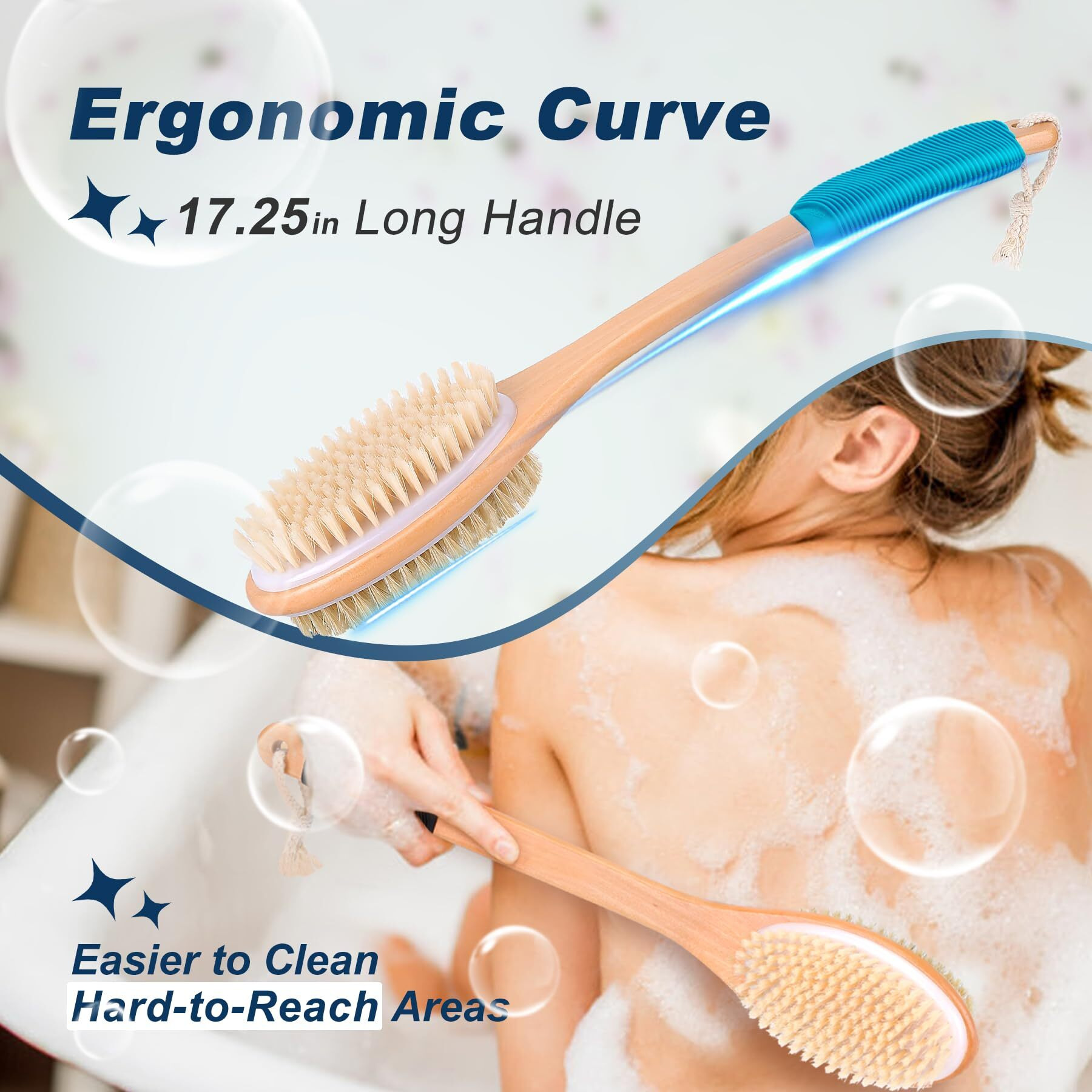 Long Handle Ergonomically Back Scrubber/Brush For Shower  Double Sided Exfoliating Body Scrubber For Women And Men (Blue)