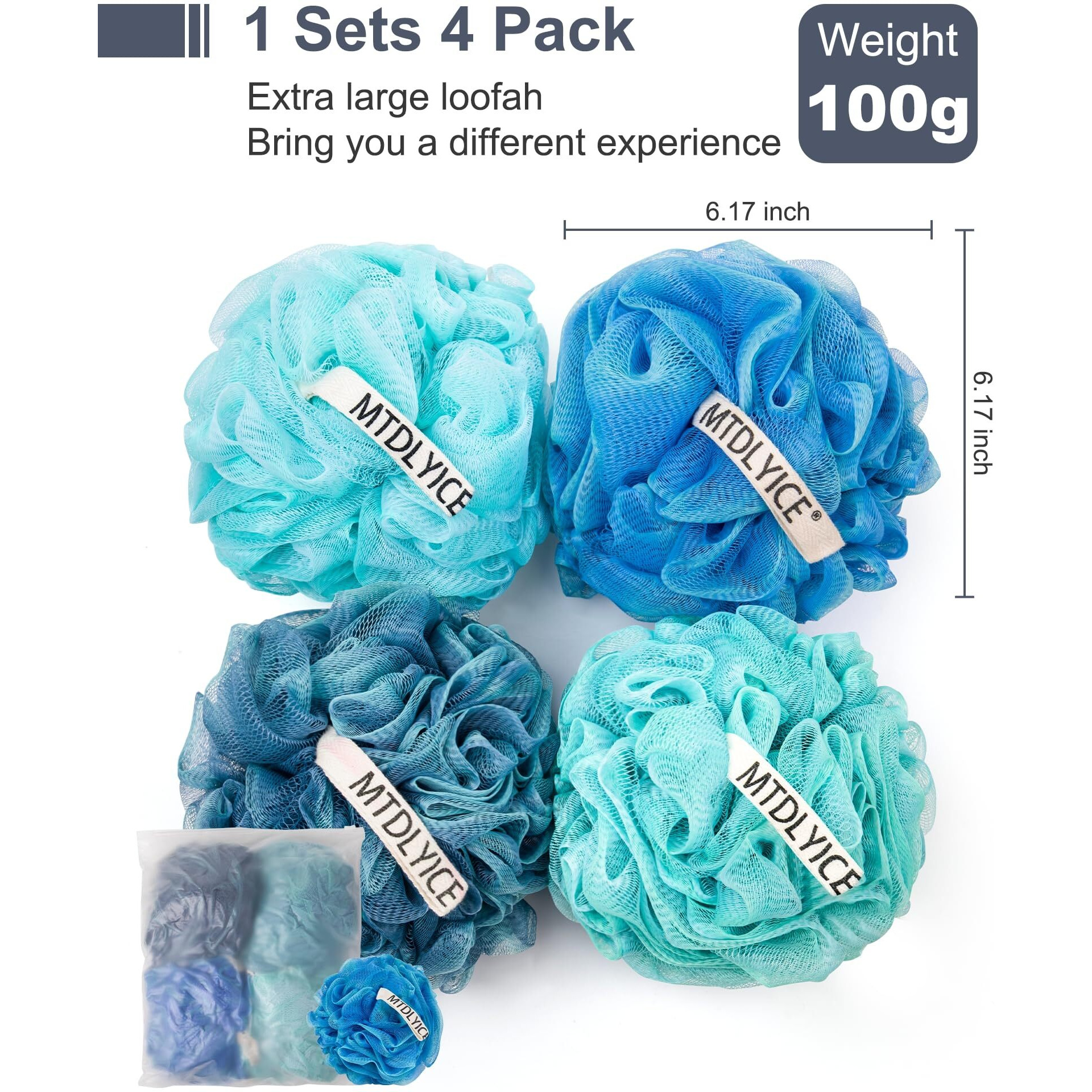 Mtdlyice Loofah Sponge  Xxl Large Loofah 100G 4 Pack  Bath Sponge Soft Mesh Shower Loofah For Men  Body Scrub  Shower Pouf Bath Accessories  For Body Wash  Soap (Blue)