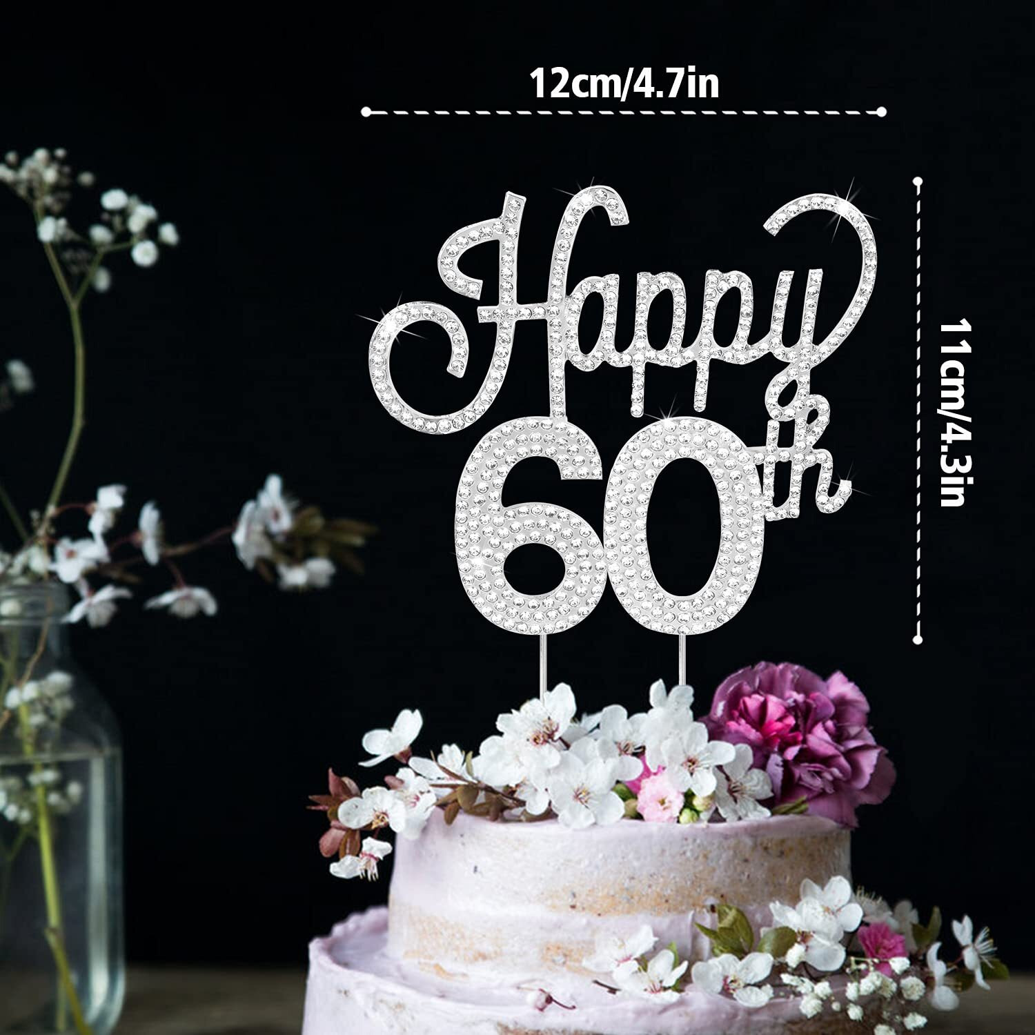 Lingteer Happy 60Th Birthday Silver Rhinestone Cake Topper - Cheers To 60Th Birthday Sixty Years Old Anniversary Party Cake Centerpieces Topper Decorations Gift Sign.