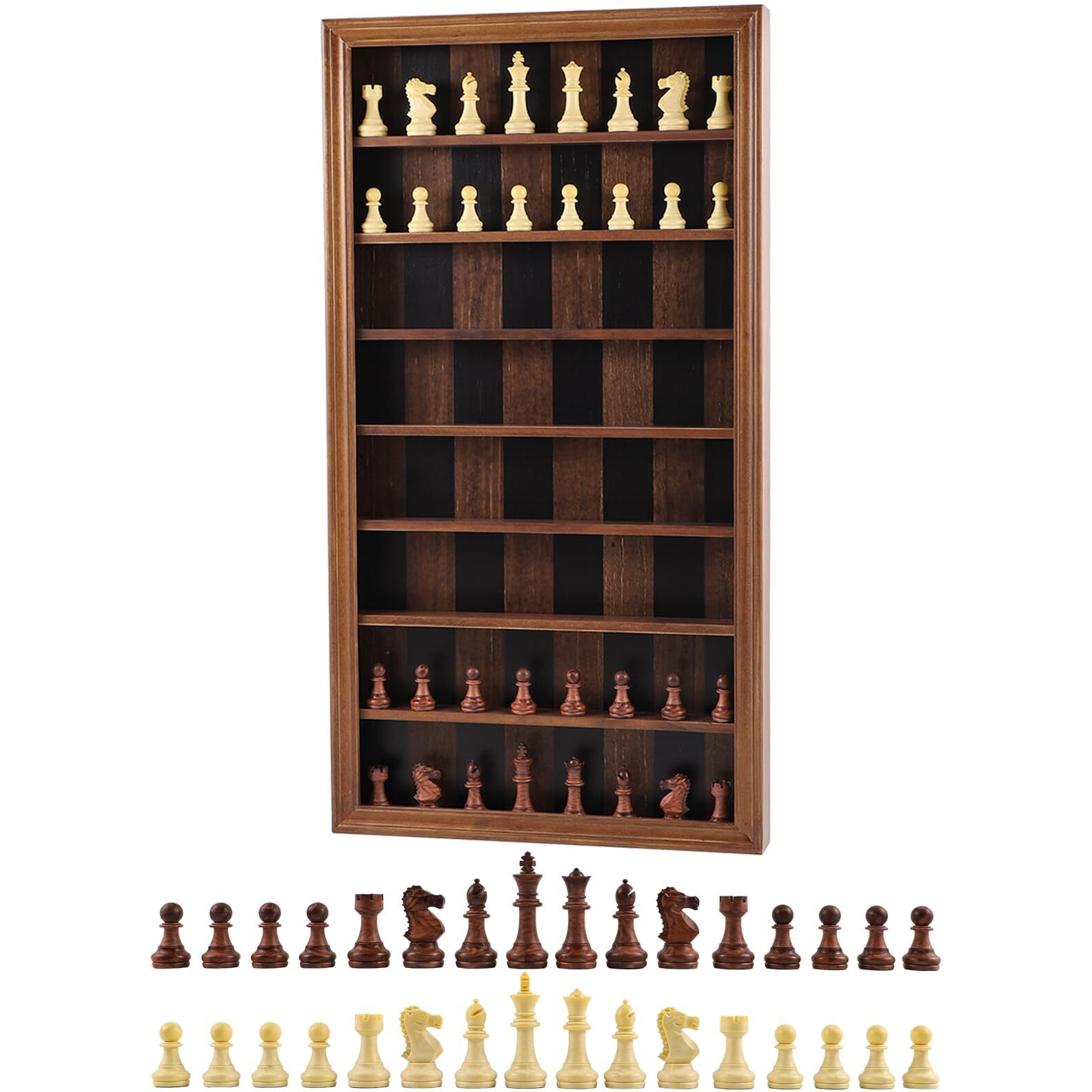 Giant Wall Mounted Board Game Wooden Chess Game Set With A Complete Set Of Carved Chess Pieces Vertical Display Cabinet For Home Games Hanging Art Home Decoration (Burnt Color)