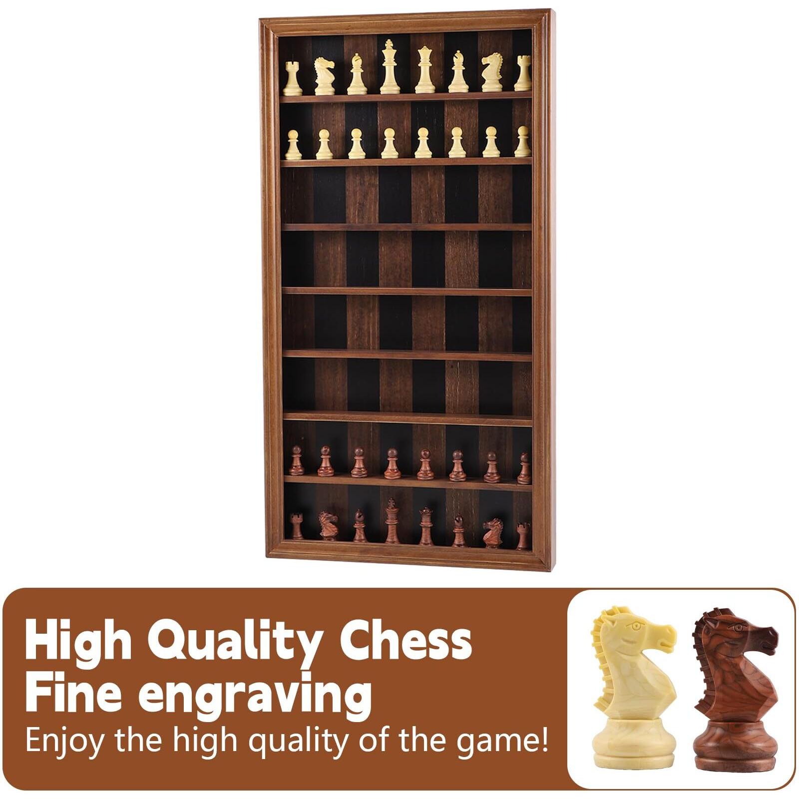 Giant Wall Mounted Board Game Wooden Chess Game Set With A Complete Set Of Carved Chess Pieces Vertical Display Cabinet For Home Games Hanging Art Home Decoration (Burnt Color)