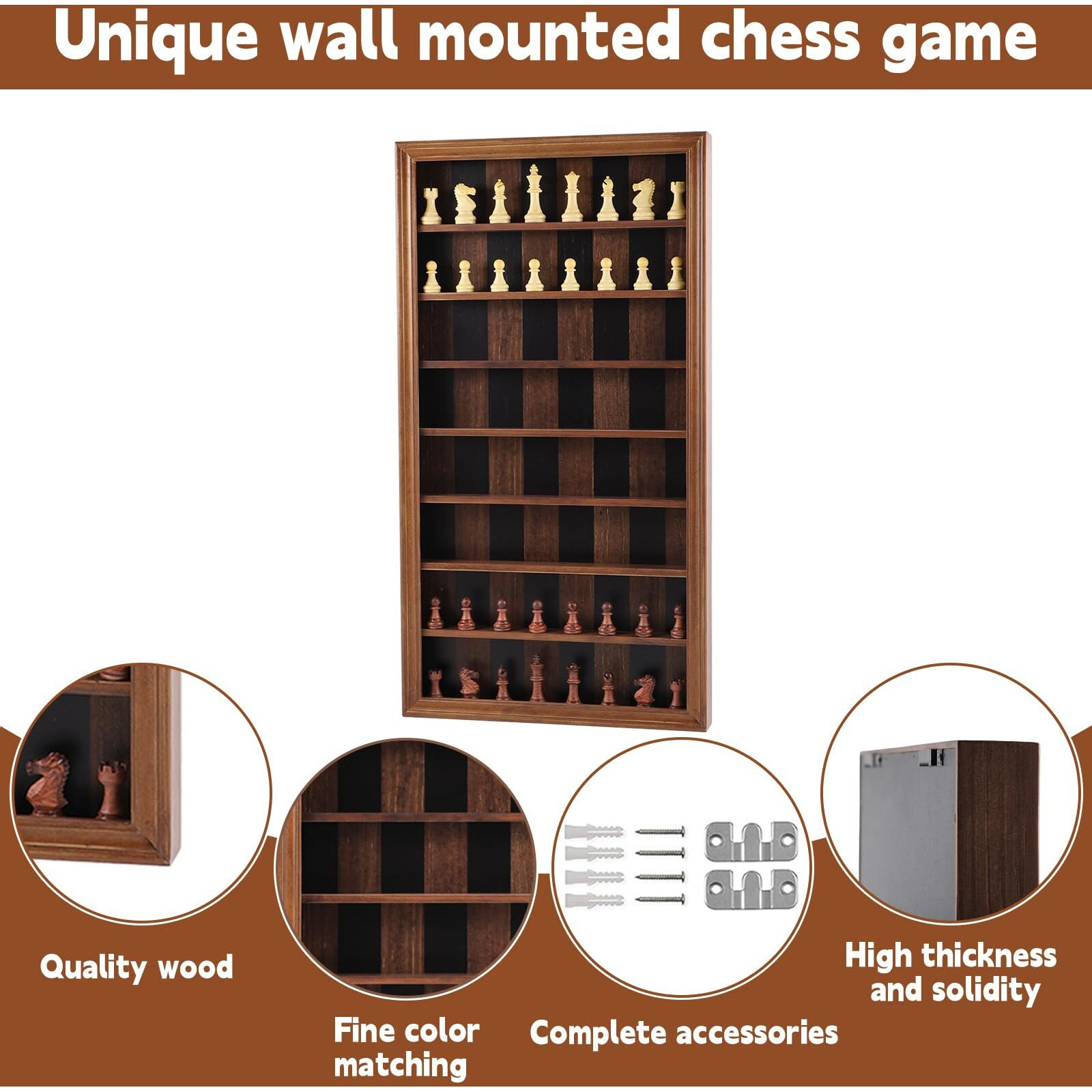 Giant Wall Mounted Board Game Wooden Chess Game Set With A Complete Set Of Carved Chess Pieces Vertical Display Cabinet For Home Games Hanging Art Home Decoration (Burnt Color)