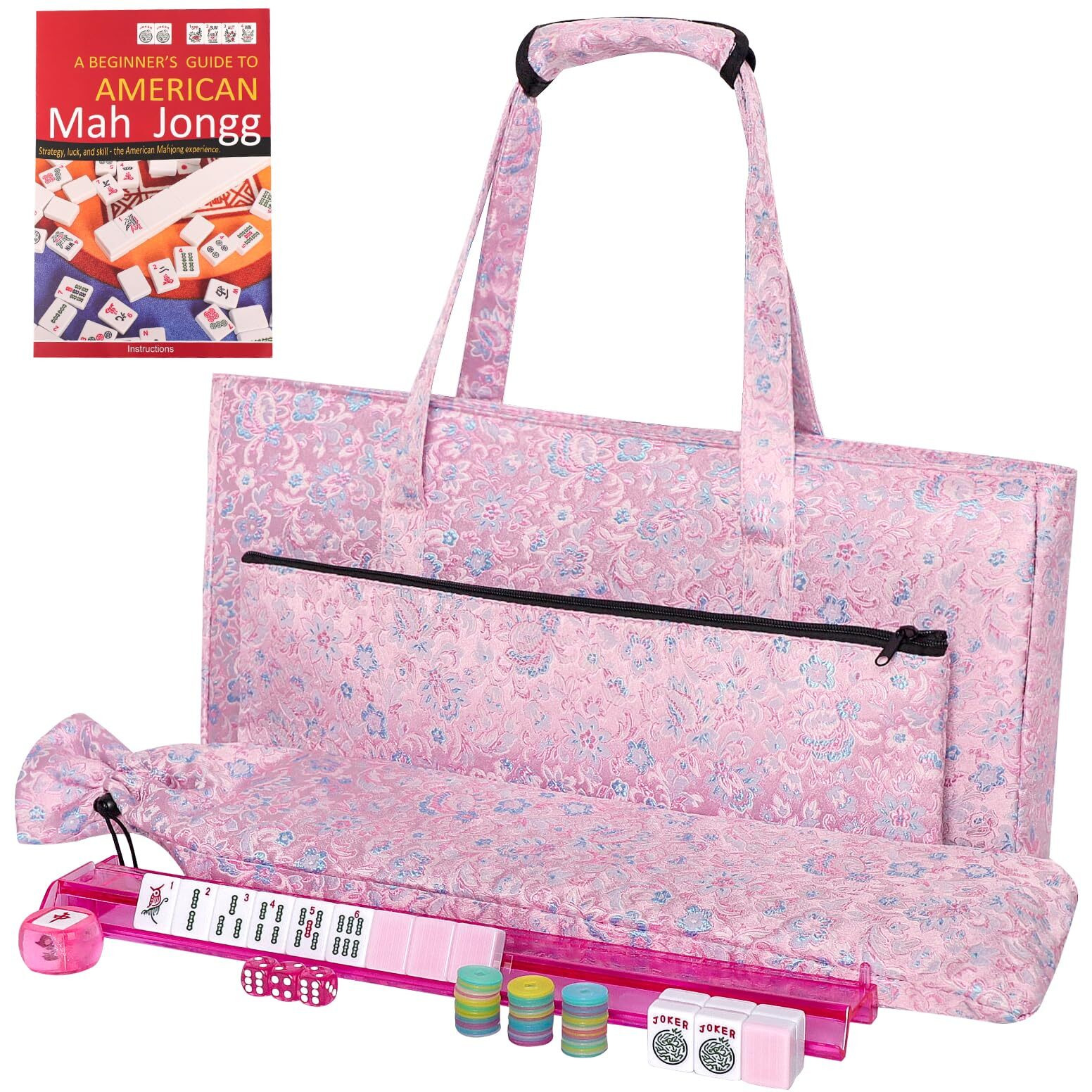 Tiasusan American Mahjong Game Set  166 Pink Tiles  Pink Bag With Entire Accessories  4 All-In-One Rack/Pushers  Mahjong Tiles Set