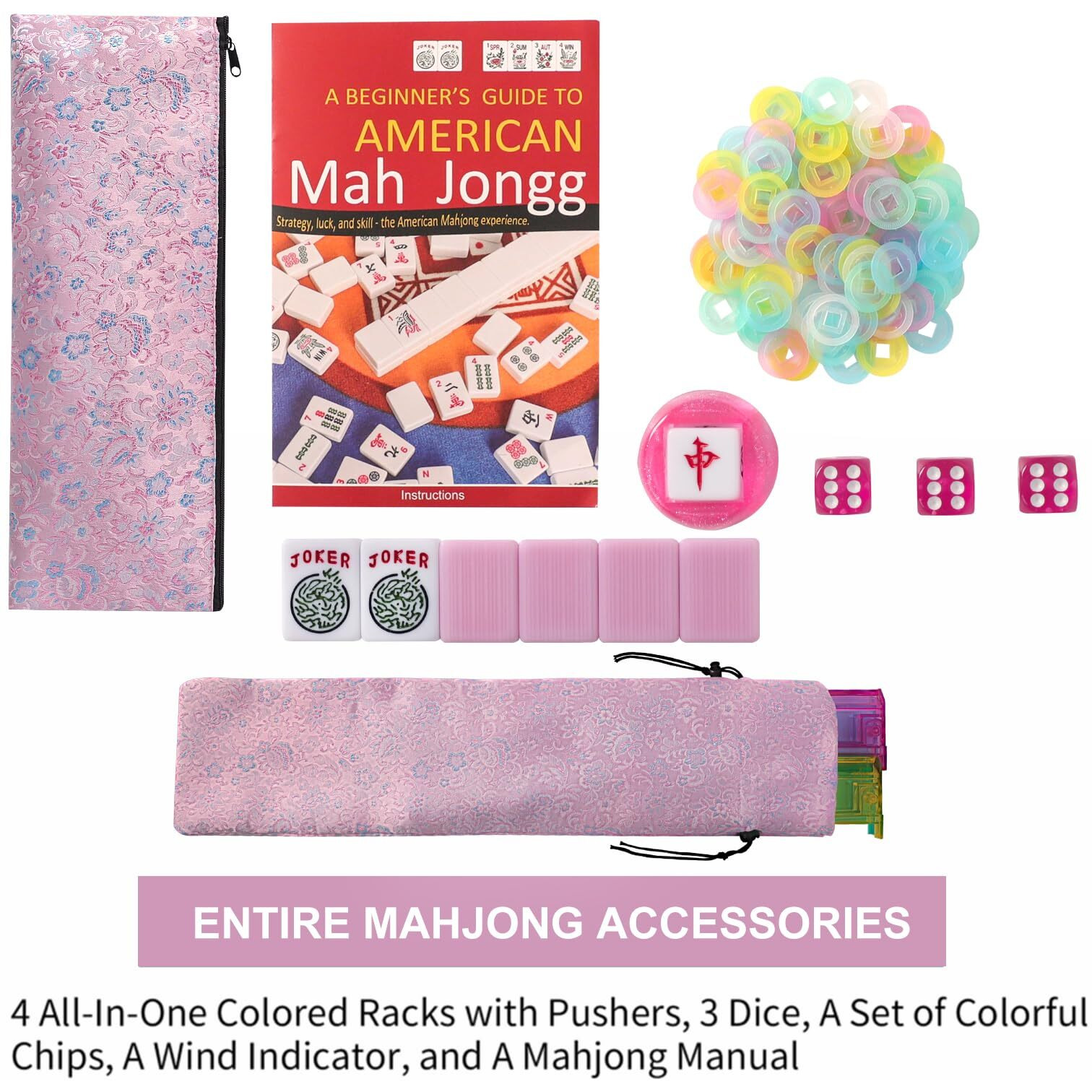 Tiasusan American Mahjong Game Set  166 Pink Tiles  Pink Bag With Entire Accessories  4 All-In-One Rack/Pushers  Mahjong Tiles Set