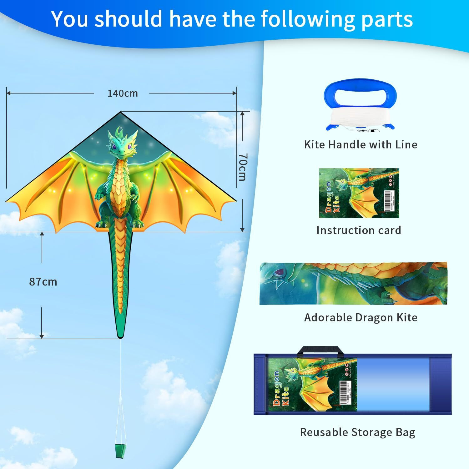 Xida Dragon Kites For Kids Ages 4-8  Kites For Adults  Easy To Fly Kite For Beginners  Boys & Girls  Durable And Quick Assembly  Perfect For Beach  Park  And Family Outdoor Activities