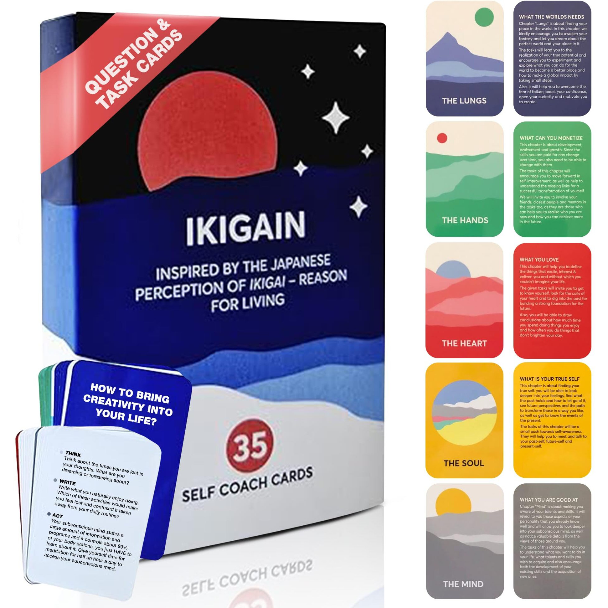 Ikigai Self Discovery Cards - 35 Mindfulness Cards For Personal Growth And Reflection - Inspired By The Ikigai Journal Method And Japanese Philosophy