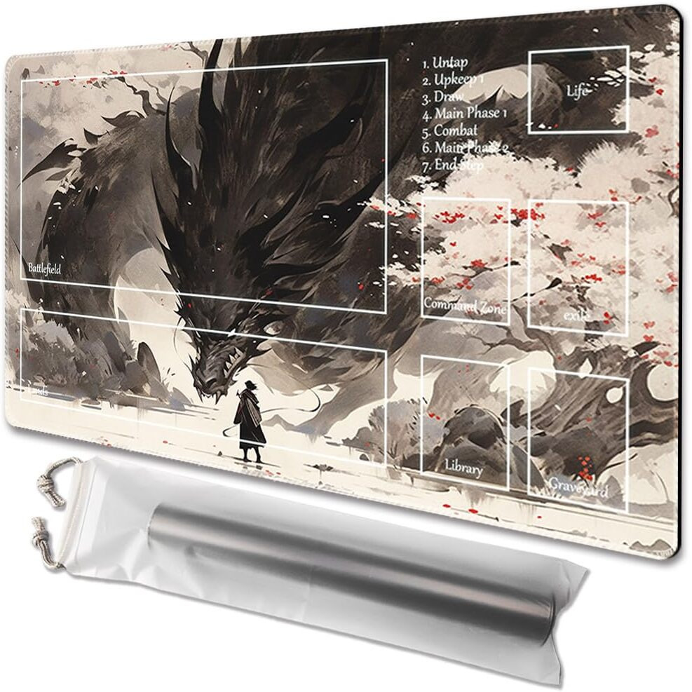 Mtg Playmat Size 24X14In Free Storage Bags Non-Slip Backing  Ideal For Card Game Enthusiasts Tcg Playmat (Shadow Dragon-Deck)