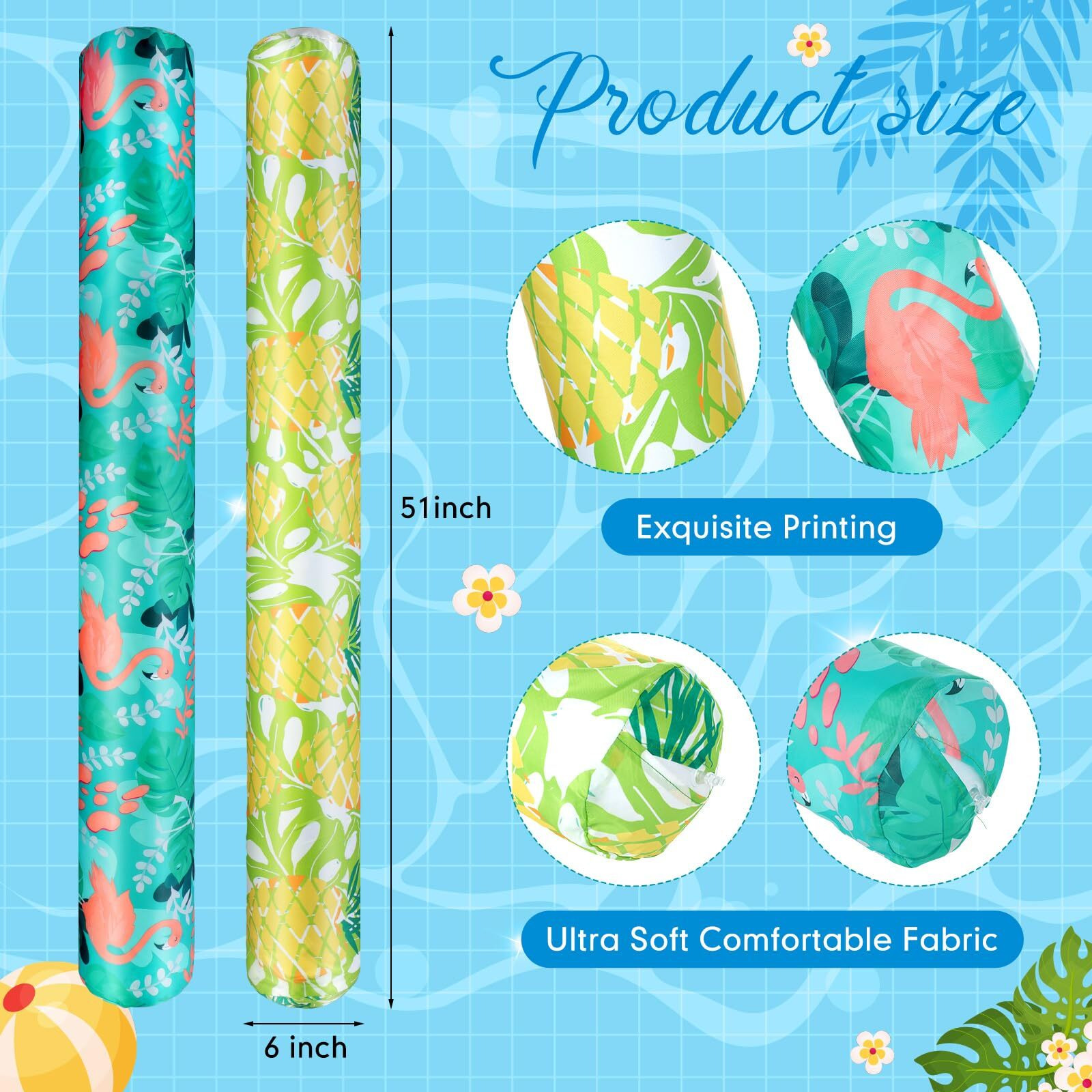 Blueweenly 2 Pack Large Inflatable Pool Noodles 51 Inch Swimming Pool Noodles For Floating Soft Fabric Covered Floats Toys For Adults Summer Vacation Sea Beach Lake Party Accessories(Fresh)