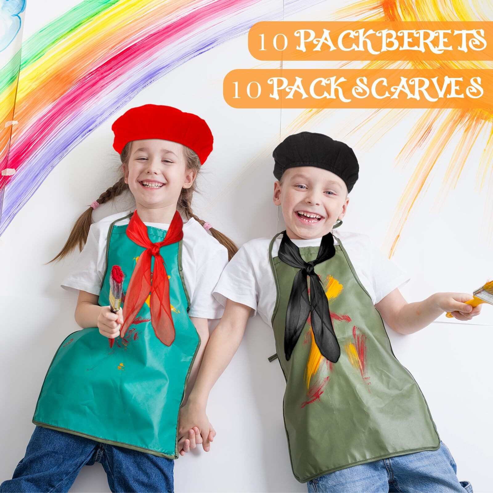 Laumoi 20 Pcs Halloween Party Berets For Kids French Beret Bulk Hat Artist Beanie With Color Neck Scarf For Cosplay Decorate(Bright Colors)