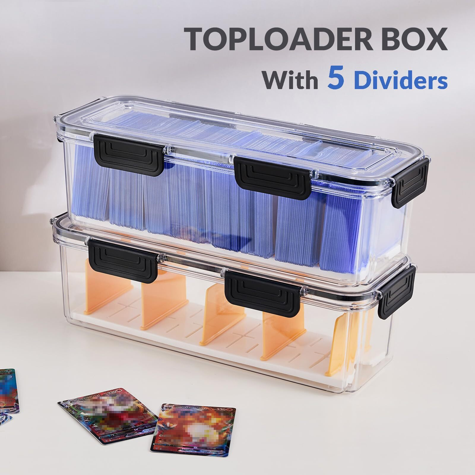 Deeif Toploader Storage Box  Trading Card Storage Box With 5 Dividers  Hard Plastic Tcg Card Storage Box For Top Loaders  Large For 165 Toploaders 650 Cards (2 Pack)