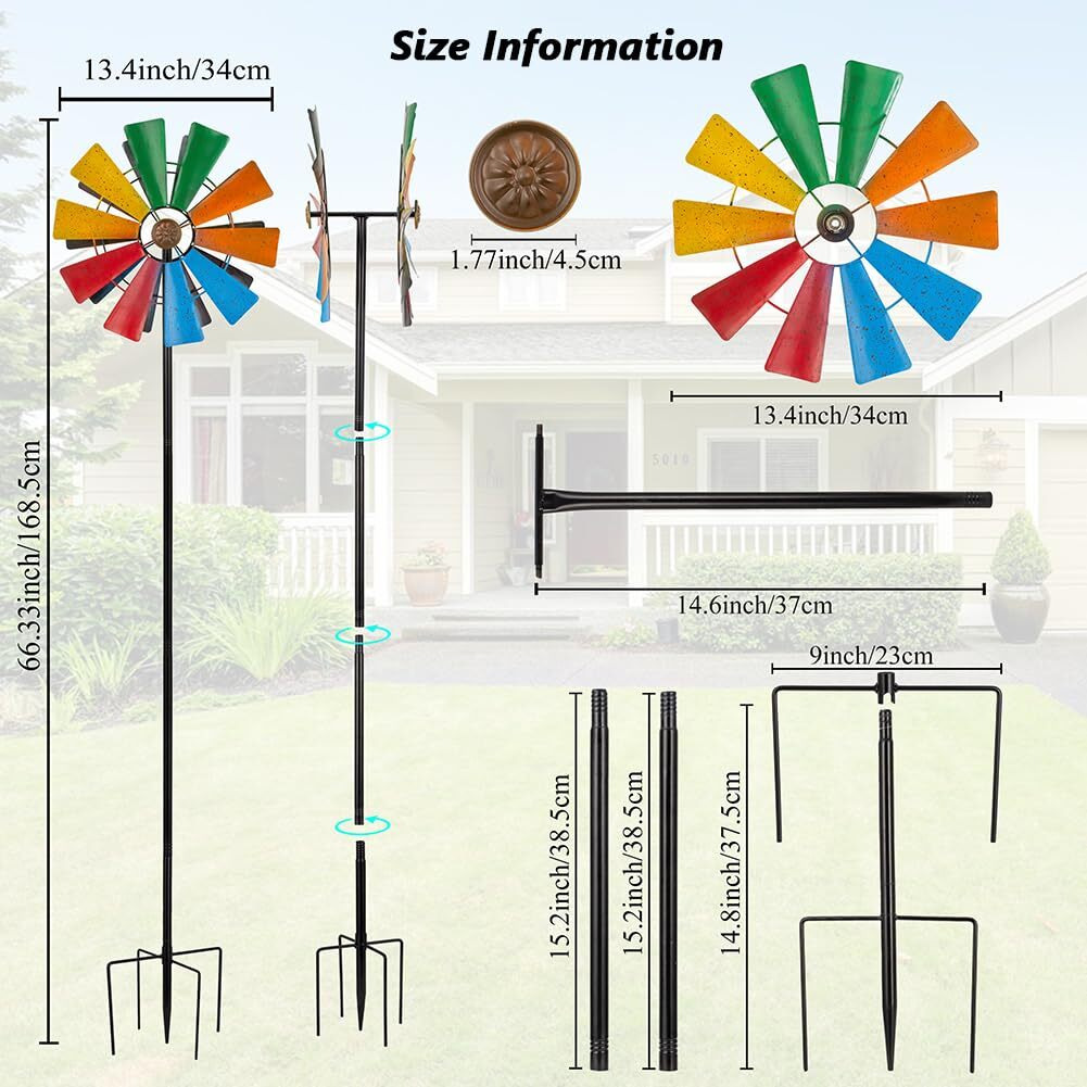 Stargarden Wind Spinners Outdoor  13.4 Inch Kinetic Pinwheels  Colorful Metal Garden Spinners Double Windmill For Yard  Lawn  Patio