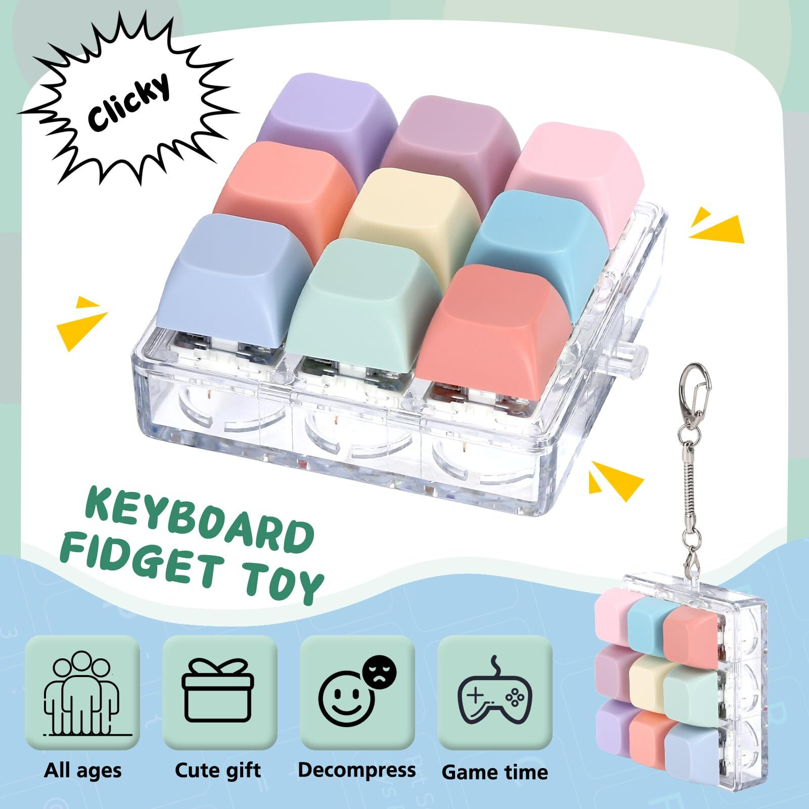 Axlksia Keyboard Fidget Toy  Fidget Clicker Keyboard Fidget Keychain  Button Fidget Gifts For Adults To Relieve Stress And Pass Time (Colorful) (Style C)