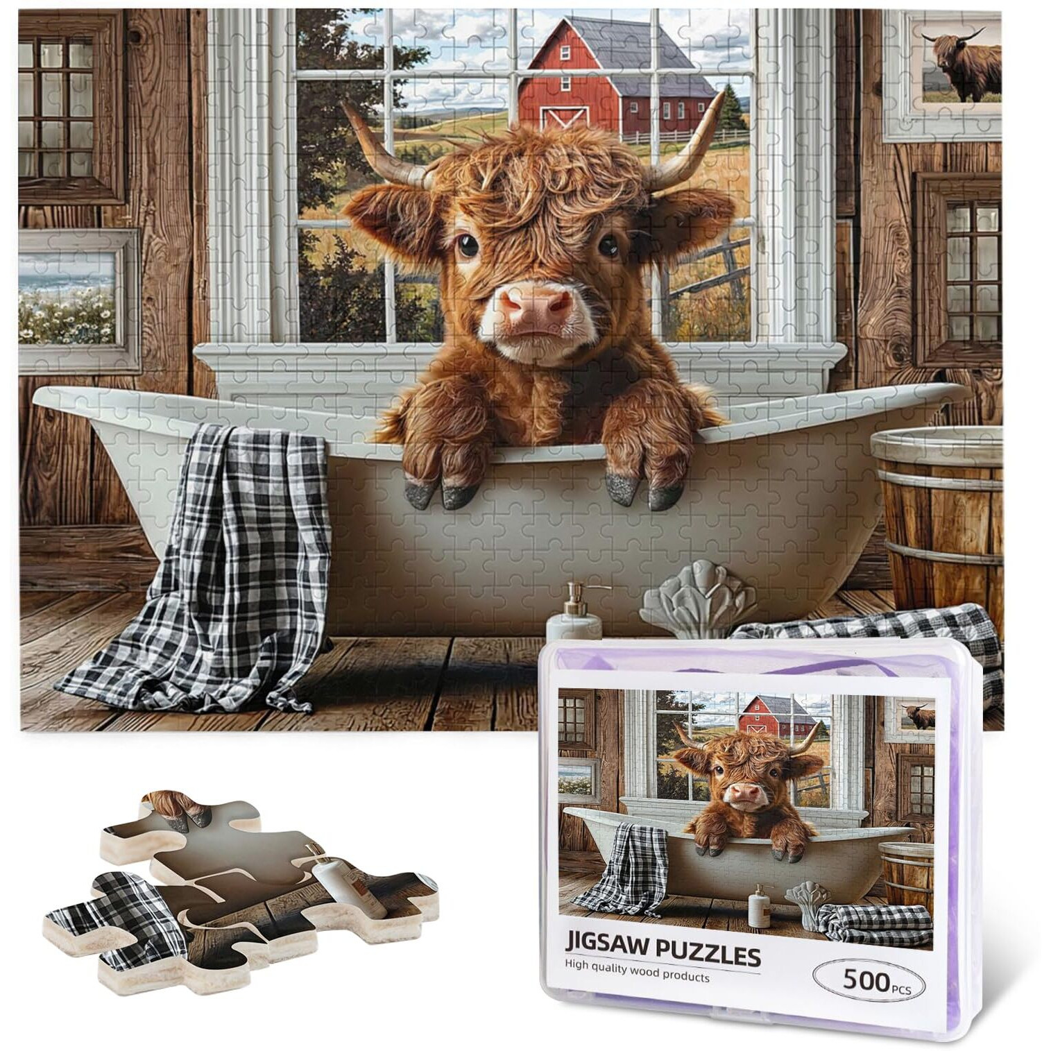 Highland Cow Puzzles 500 Pieces Funny Cow Bathroom Jigsaw Puzzles For Adults Animal Wooden Puzzle For Family Game Motivational Toy Educational