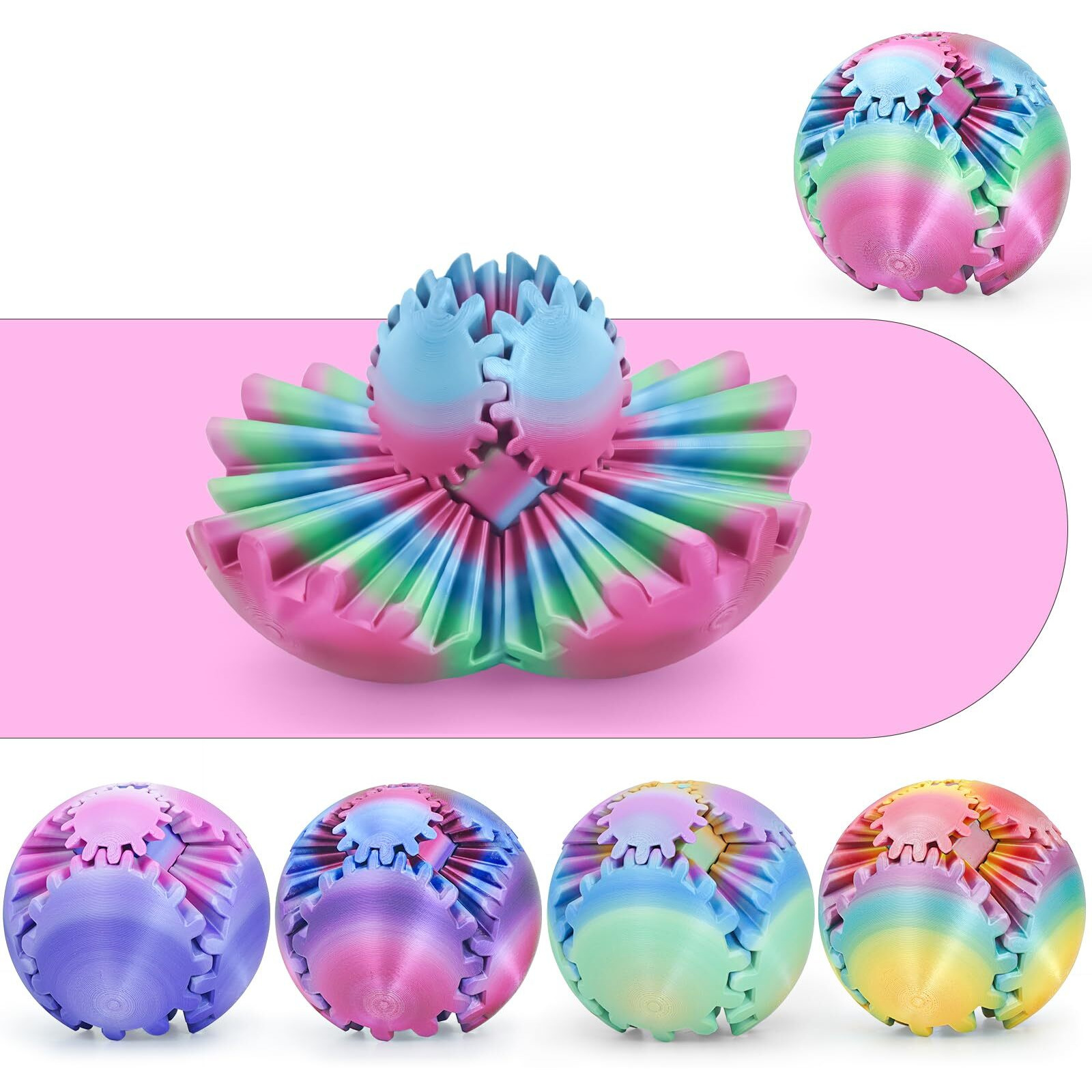 Gear Ball 3D Printed Fidget Toys For Adults Kids Stress Relief Gear Sphere Spin Cube Gearsphere Anxiety Relieving Desk Toy Gifts For Easter Birthday (Green Purple  2.3 Inch)