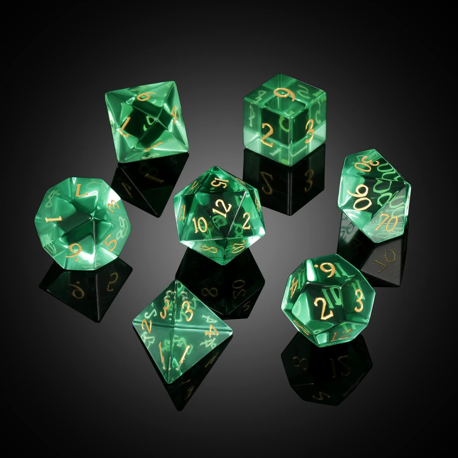 D&D Dice  Dndnd 7 Piece Zircon Glass Dice Set With Great Gift Box For Dungeons And Dragon Dnd Tabletop Game (Green Glass With Gold Num)