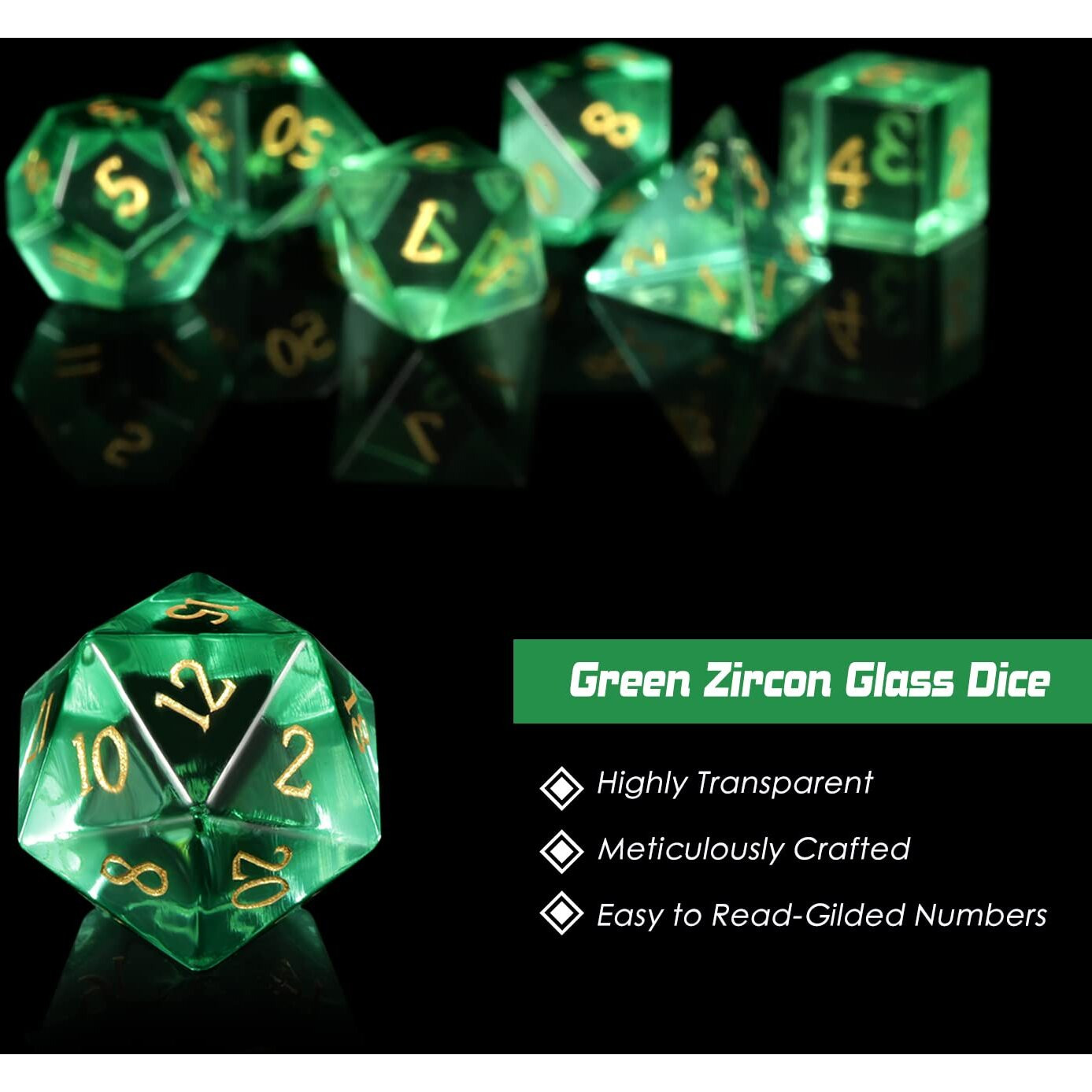D&D Dice  Dndnd 7 Piece Zircon Glass Dice Set With Great Gift Box For Dungeons And Dragon Dnd Tabletop Game (Green Glass With Gold Num)