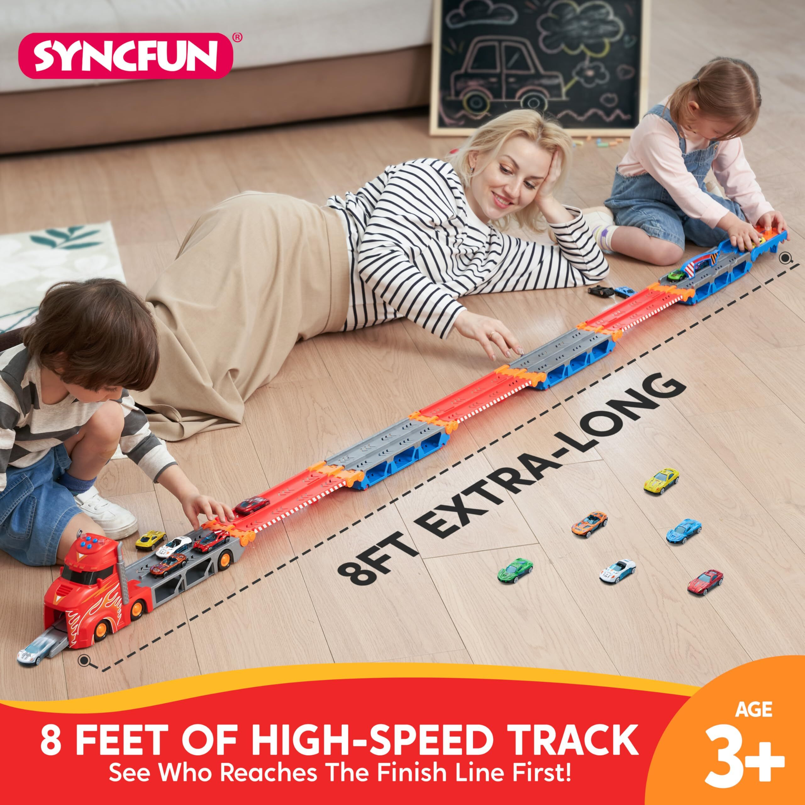 Syncfun Carrier Truck Race Track Toddler Toy - 8-Ft Foldable 3 Layer Toy Truck With 12 Die-Cast Metal Racing Cars And Lights & Sounds Gift For 3 4 5 Years Old Boys And Girls-Blue