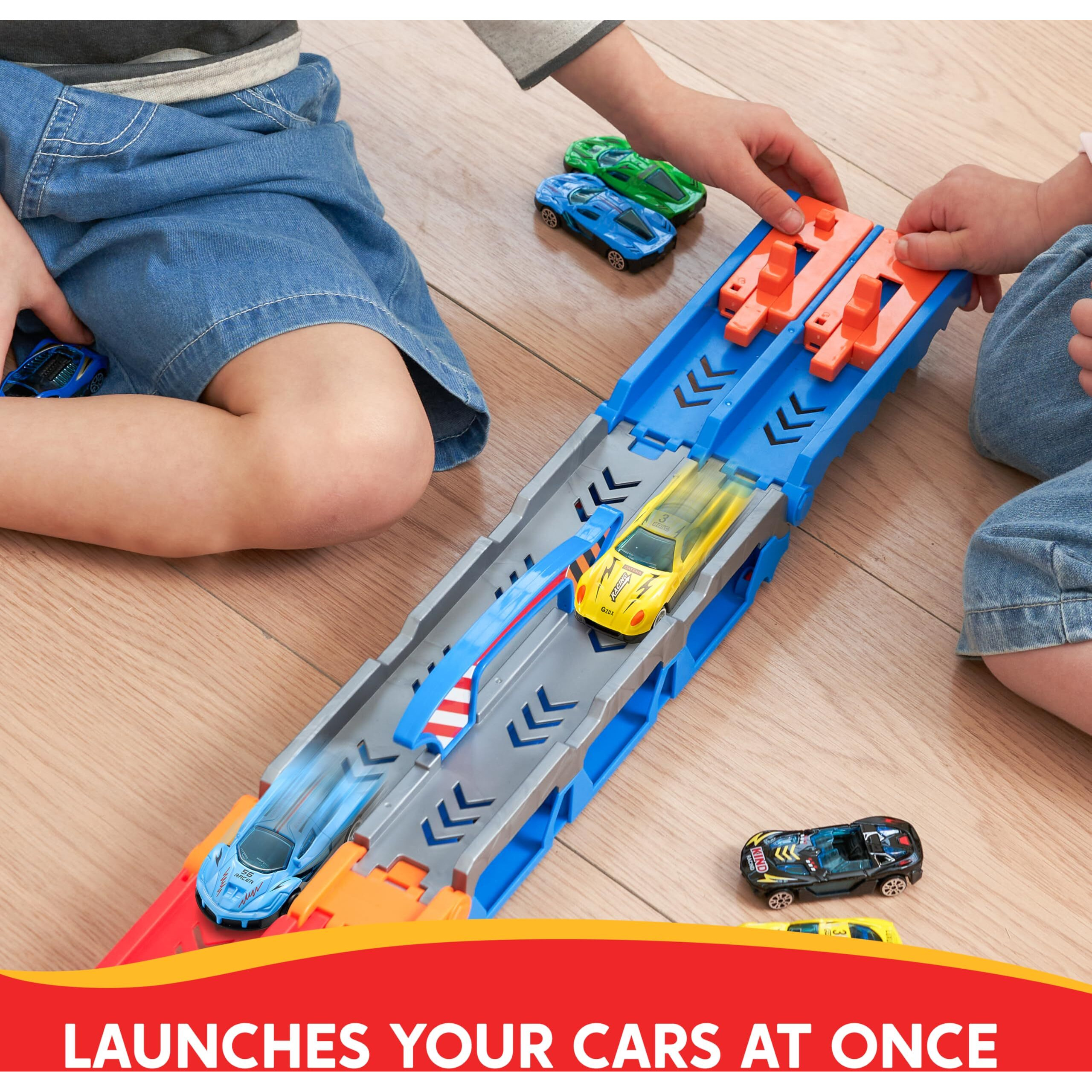 Syncfun Carrier Truck Race Track Toddler Toy - 8-Ft Foldable 3 Layer Toy Truck With 12 Die-Cast Metal Racing Cars And Lights & Sounds Gift For 3 4 5 Years Old Boys And Girls-Blue