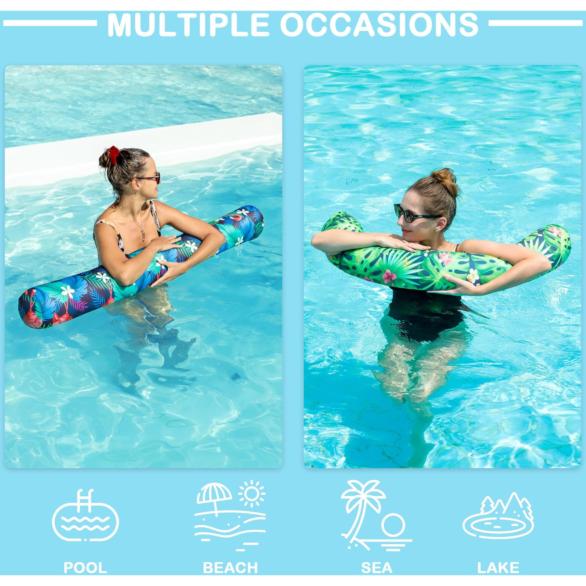 Inflatable Swimming Noodles Set - 2 Pack Fabric Covered Pool Floats For Adults  Pool Noodles Curved Swimming Pool Float For Summer Beach Pool Party Games Vacation Sea Beach Lake (Flamingo & Green)