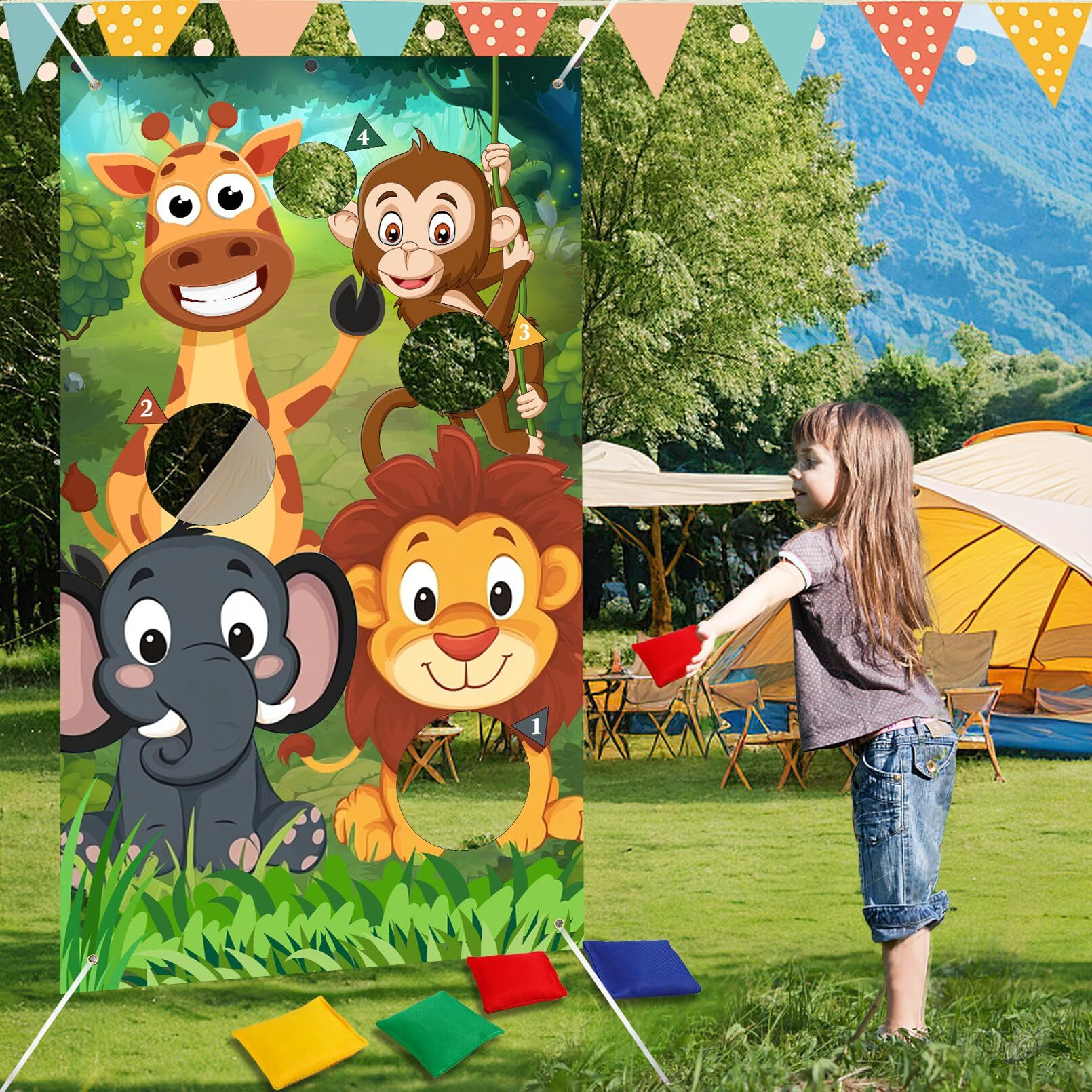 Jeffbaubl Animals Toss Game Banner With 8 Bean Bags Wild Animals Throwing Game Bean Bag Toss Games Outdoor Games Set For Yard Lawn Game Photo Background Jungle Animals Theme Party Supplies