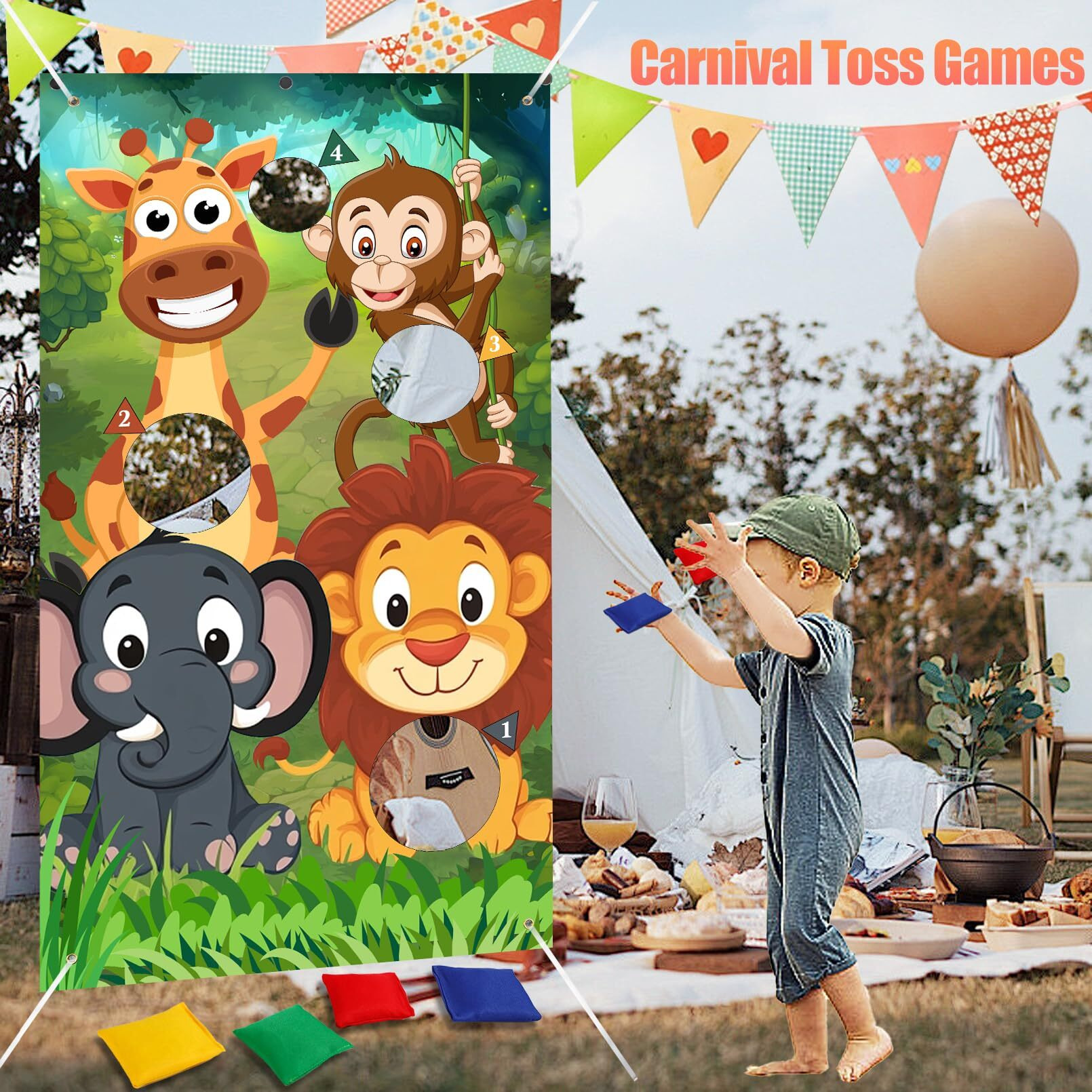 Jeffbaubl Animals Toss Game Banner With 8 Bean Bags Wild Animals Throwing Game Bean Bag Toss Games Outdoor Games Set For Yard Lawn Game Photo Background Jungle Animals Theme Party Supplies