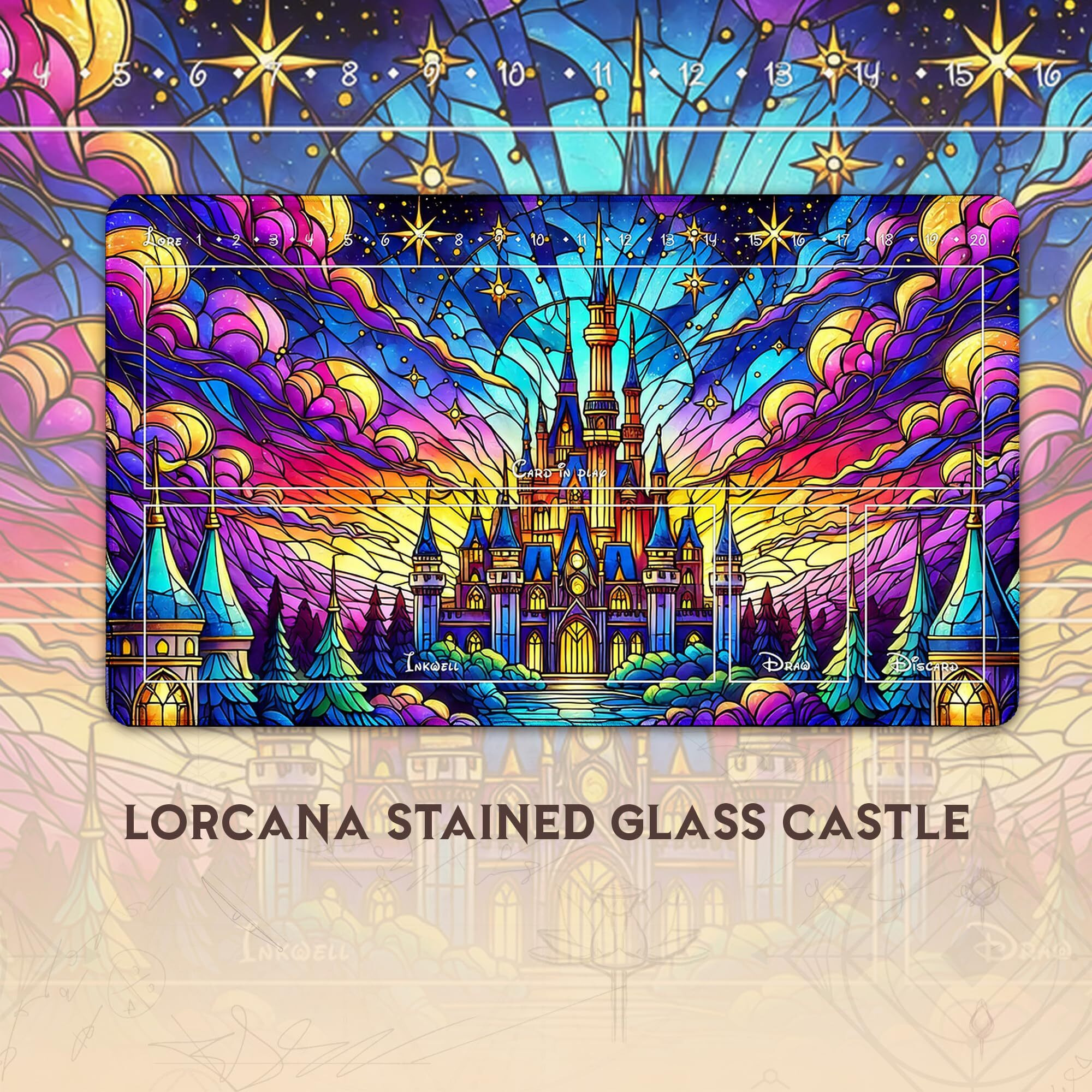 Wizcraft Gaming Paramint Lorcana Stained Glass Castle (Stitched) - Lorcana Playmat - Lorcana Mat  Lorcana Game Mat - Non-Slip Rubber With Zones - Lorcana Accessories